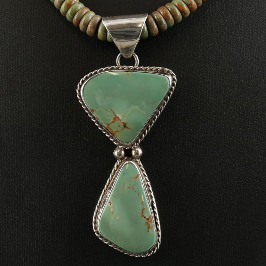 Southwestern Sterling Silver Turquoise Pendant on Graduated Beaded Necklace