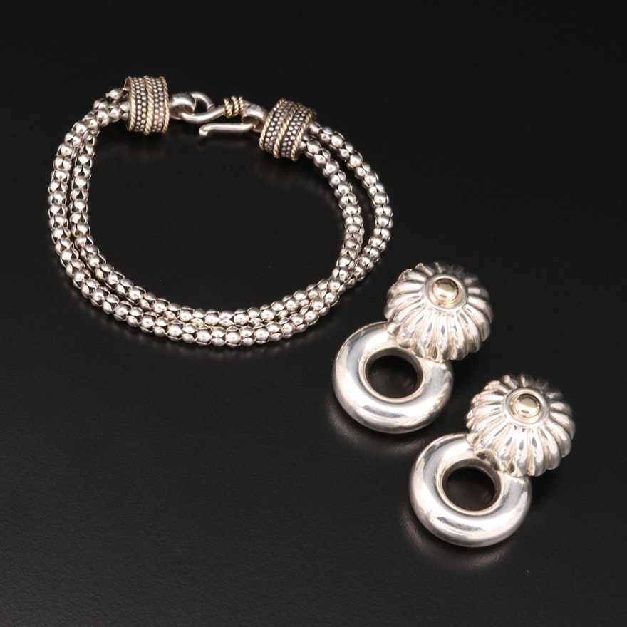 Sterling Silver Bead Bracelet and Hollow Form Earrings with 14K and 18K Accents