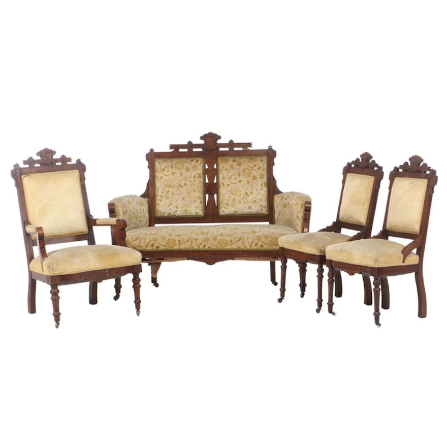 Victorian Eastlake Mahogany Upholstered Settee and Chairs, Late 19th Century