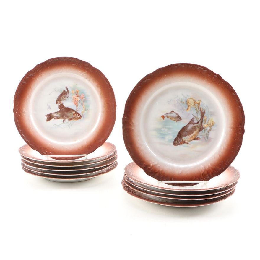 Hand-Painted Porcelain Luncheon Plates with Fish Motif, Late 19th Century