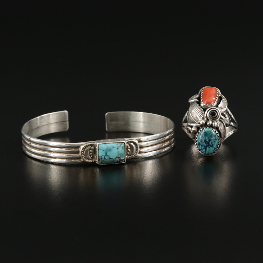 Signed Sterling Silver Turquoise and Coral Ring and Cuff Bracelet