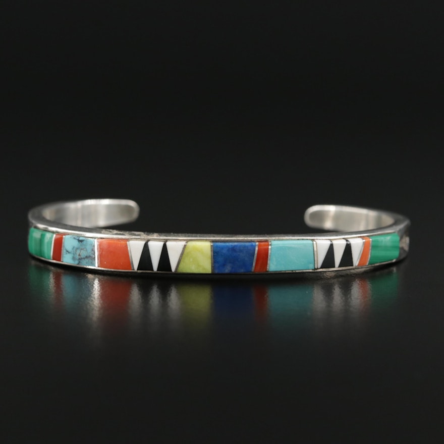 Cecelia Lincoln for B.G. Mudd Sterling Turquoise, Coral and Malachite Inlay Cuff
