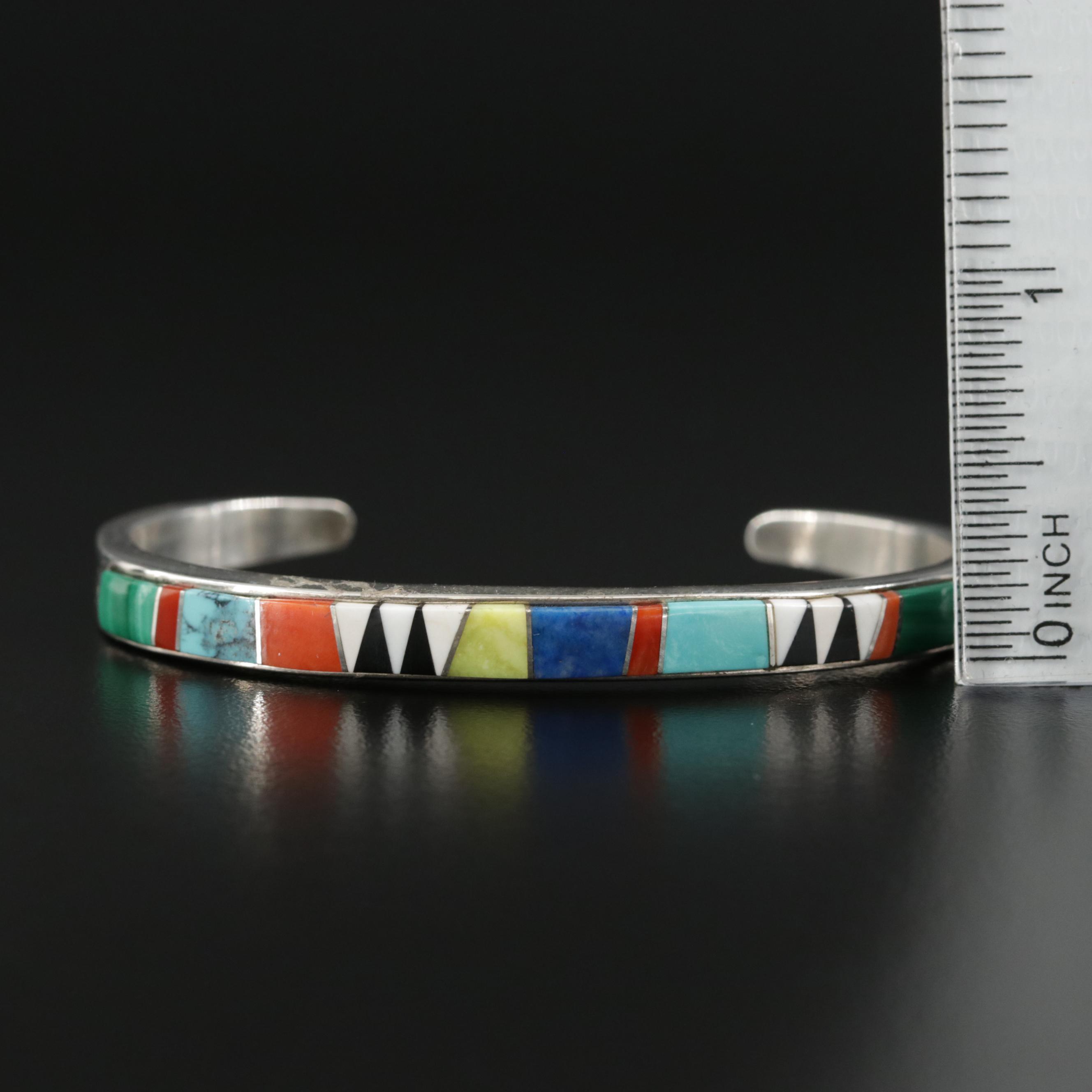 Cecelia Lincoln for B.G. Mudd Sterling Turquoise, Coral and Malachite Inlay Cuff