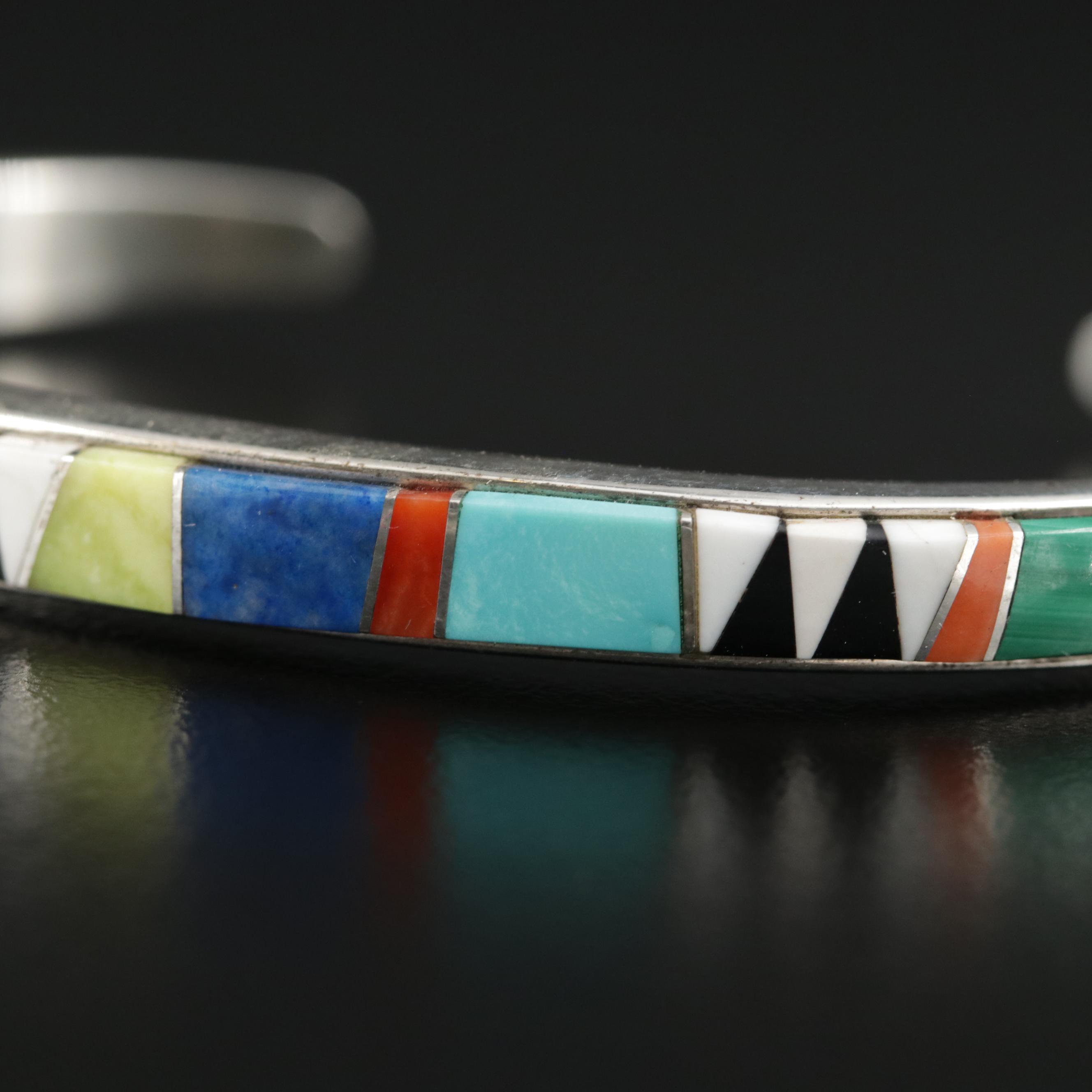 Cecelia Lincoln for B.G. Mudd Sterling Turquoise, Coral and Malachite Inlay Cuff