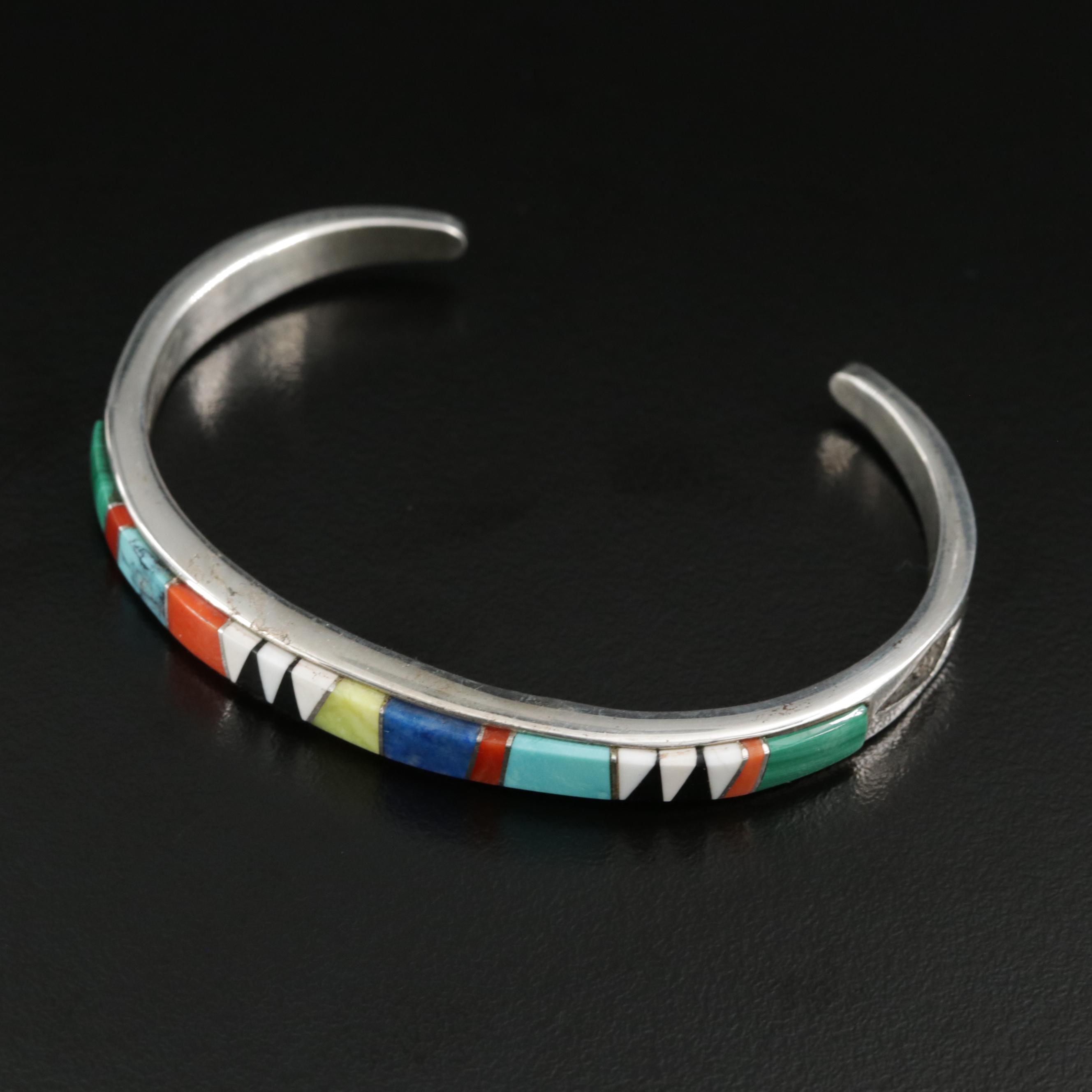 Cecelia Lincoln for B.G. Mudd Sterling Turquoise, Coral and Malachite Inlay Cuff