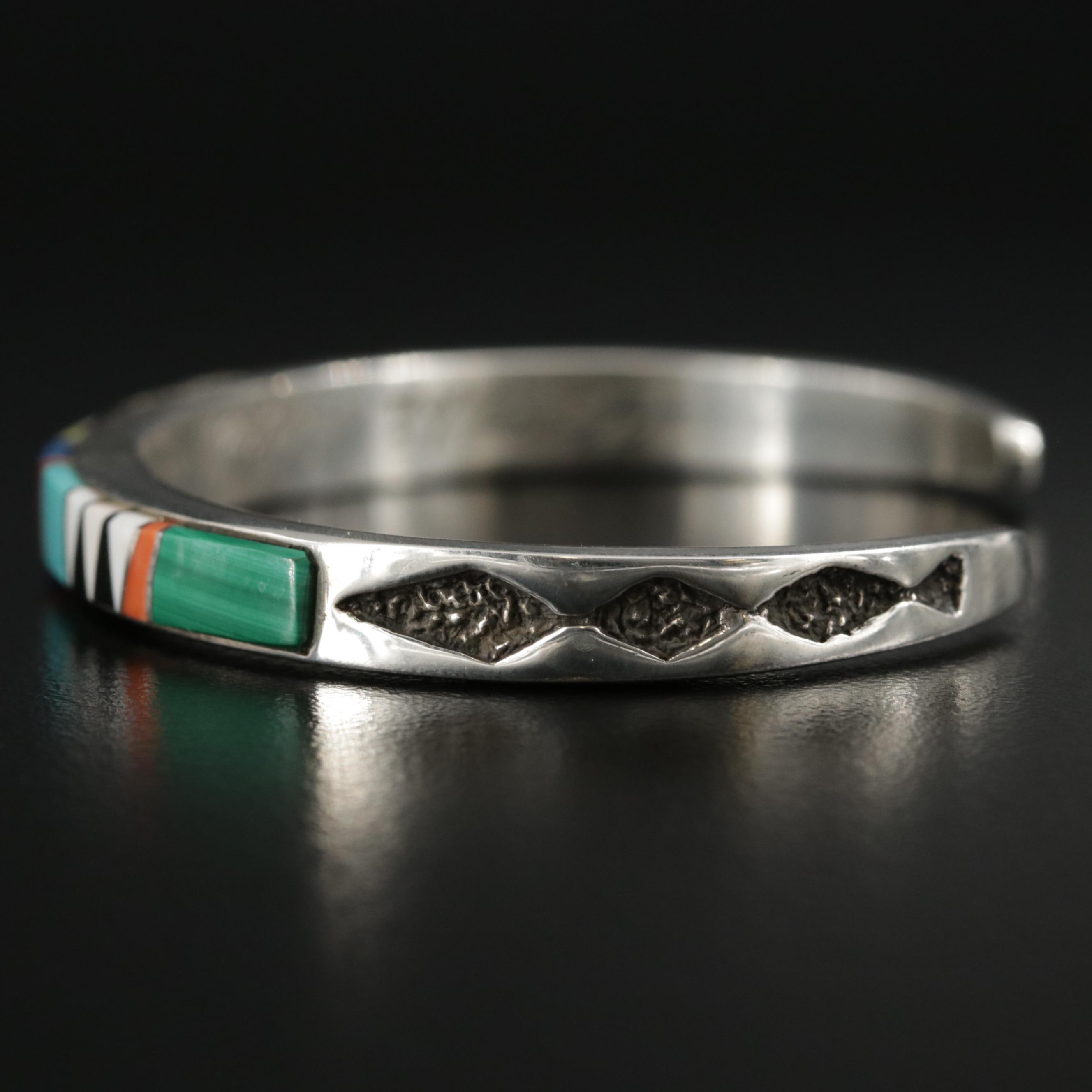 Cecelia Lincoln for B.G. Mudd Sterling Turquoise, Coral and Malachite Inlay Cuff