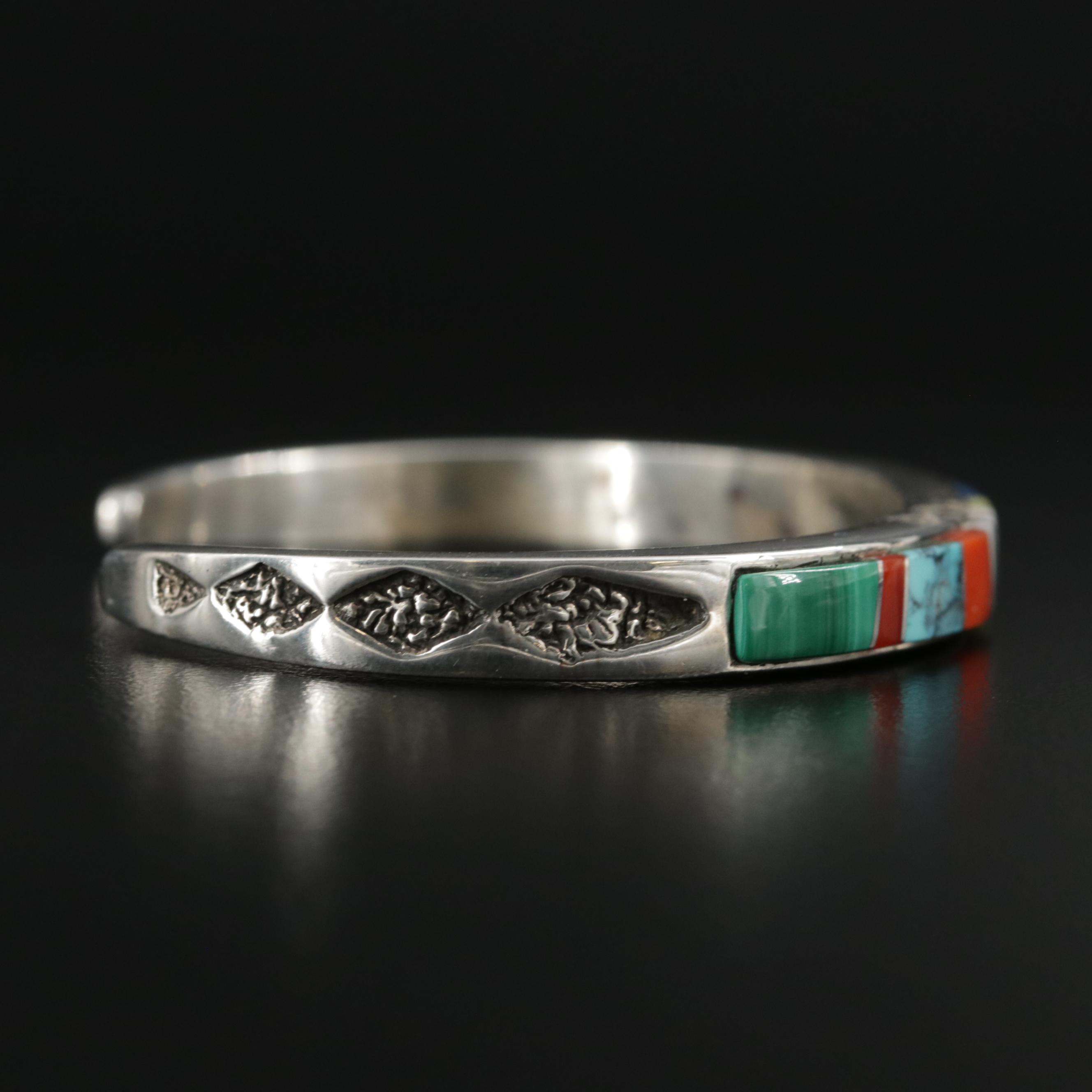 Cecelia Lincoln for B.G. Mudd Sterling Turquoise, Coral and Malachite Inlay Cuff