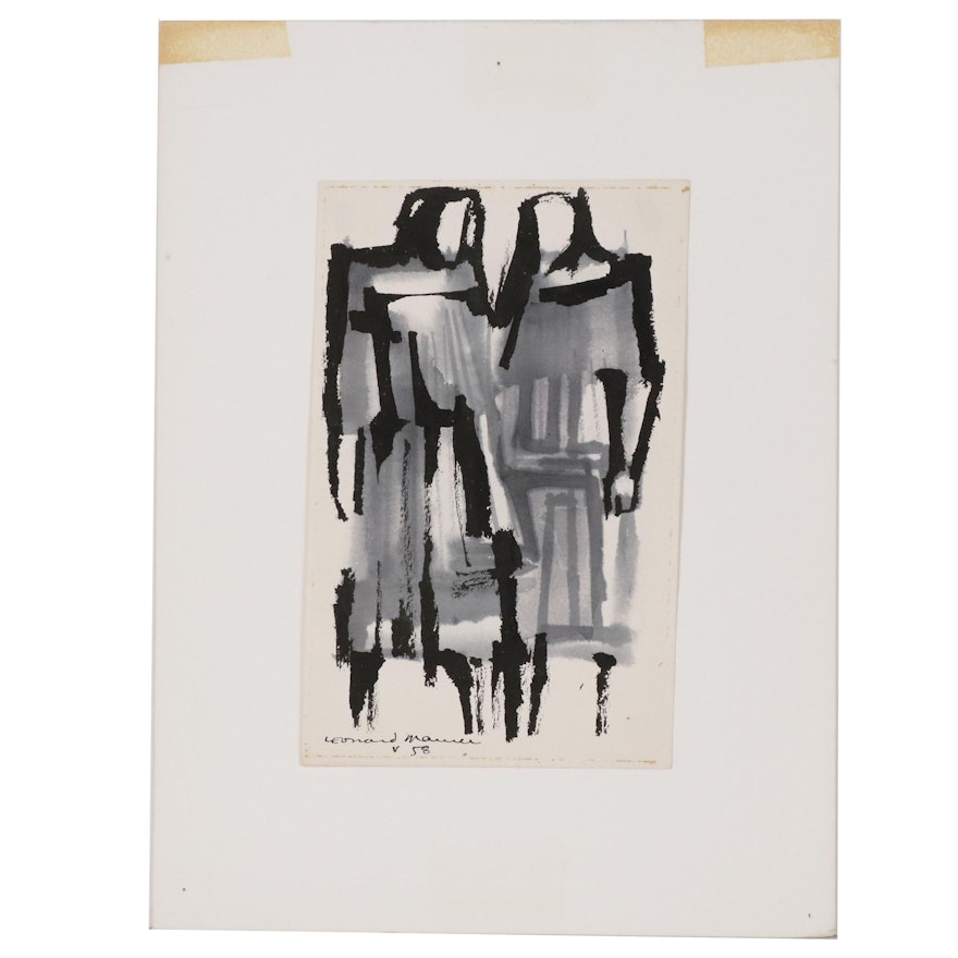 Leonard Maurer Figural Ink Wash Painting, 1958