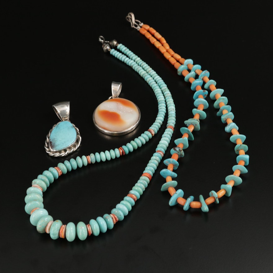 Southwestern T. Wilson Sterling Turquoise, Coral and Druzy Agate Beaded Jewelry