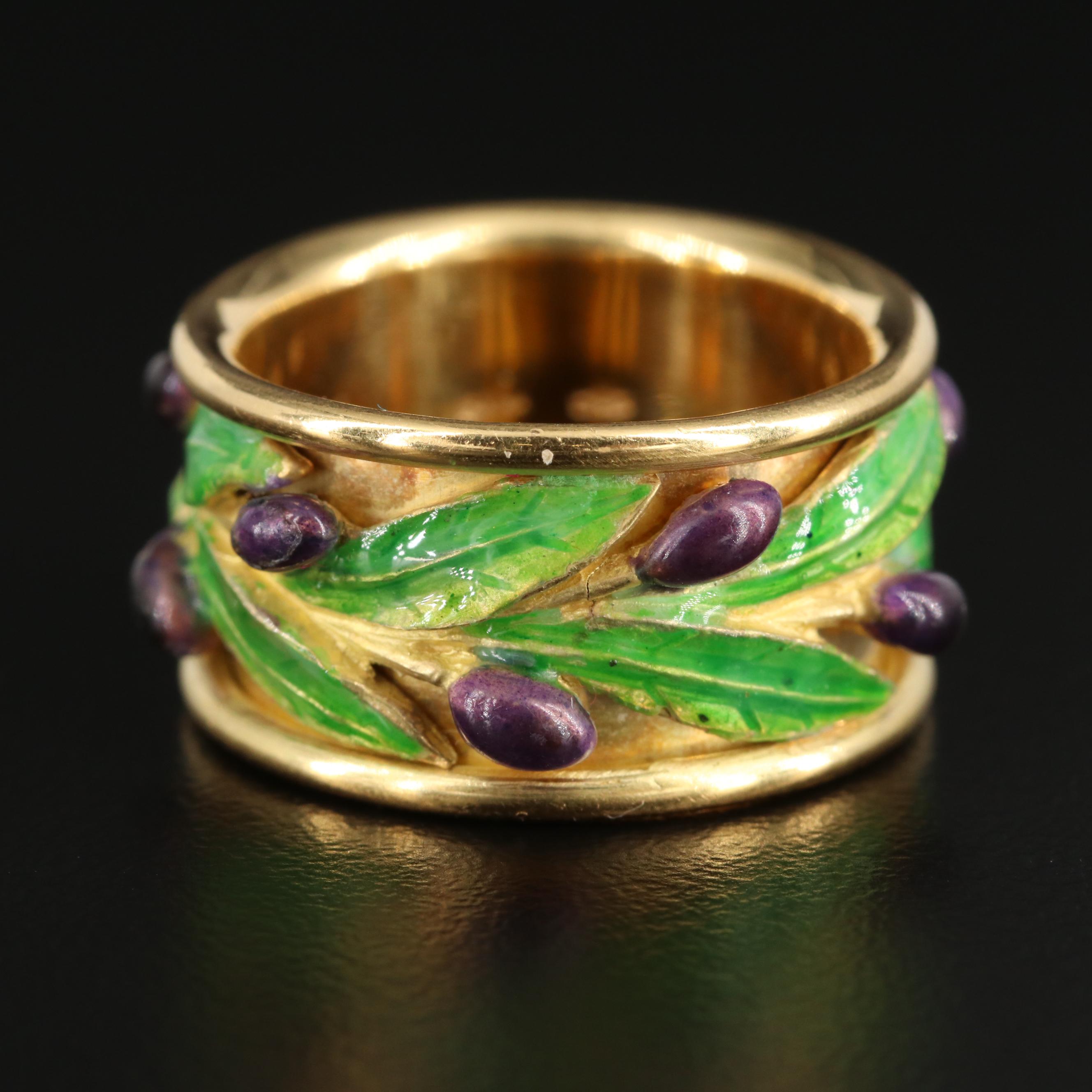 18K Yellow Gold Ring with Enameled Leaf and Bud Motif