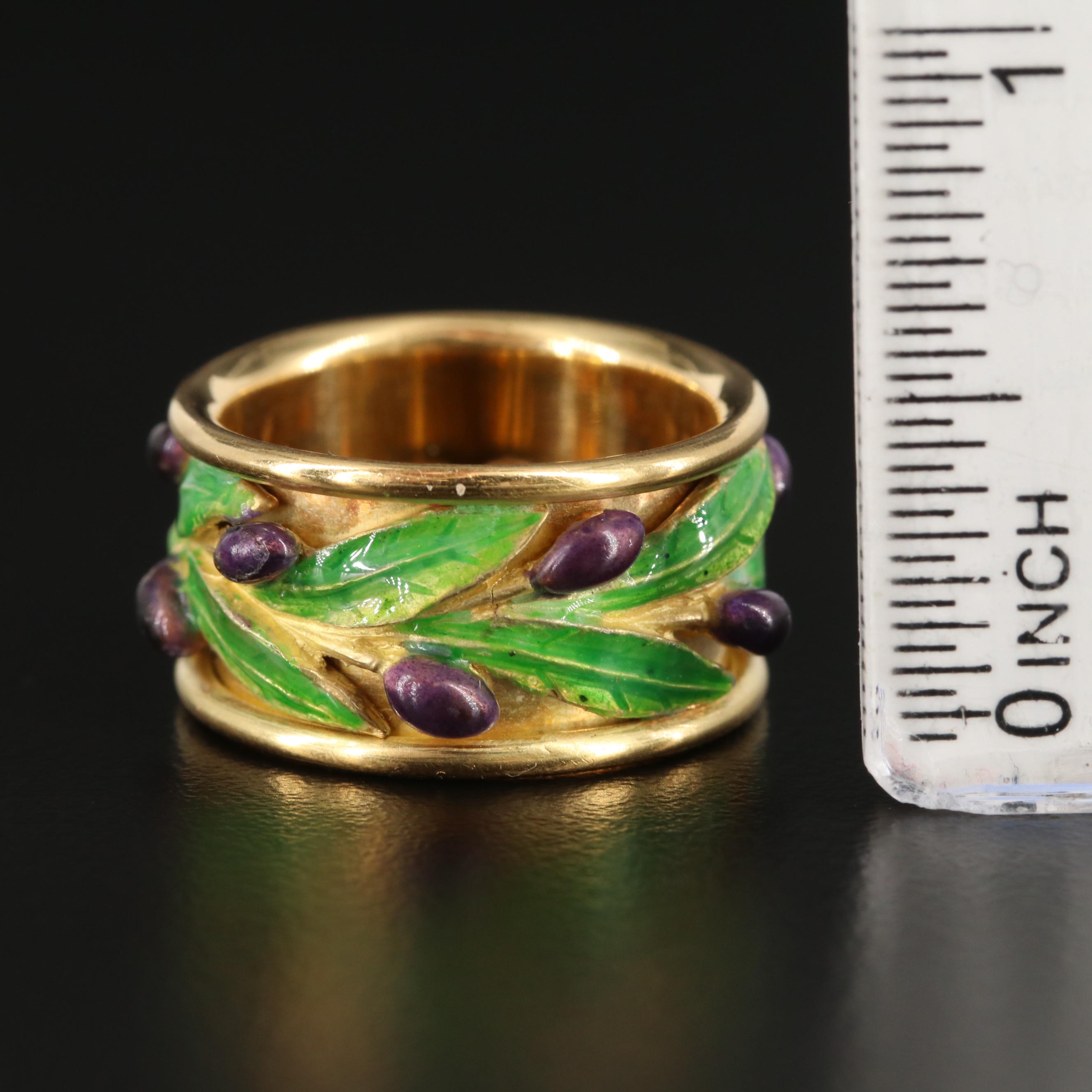 18K Yellow Gold Ring with Enameled Leaf and Bud Motif