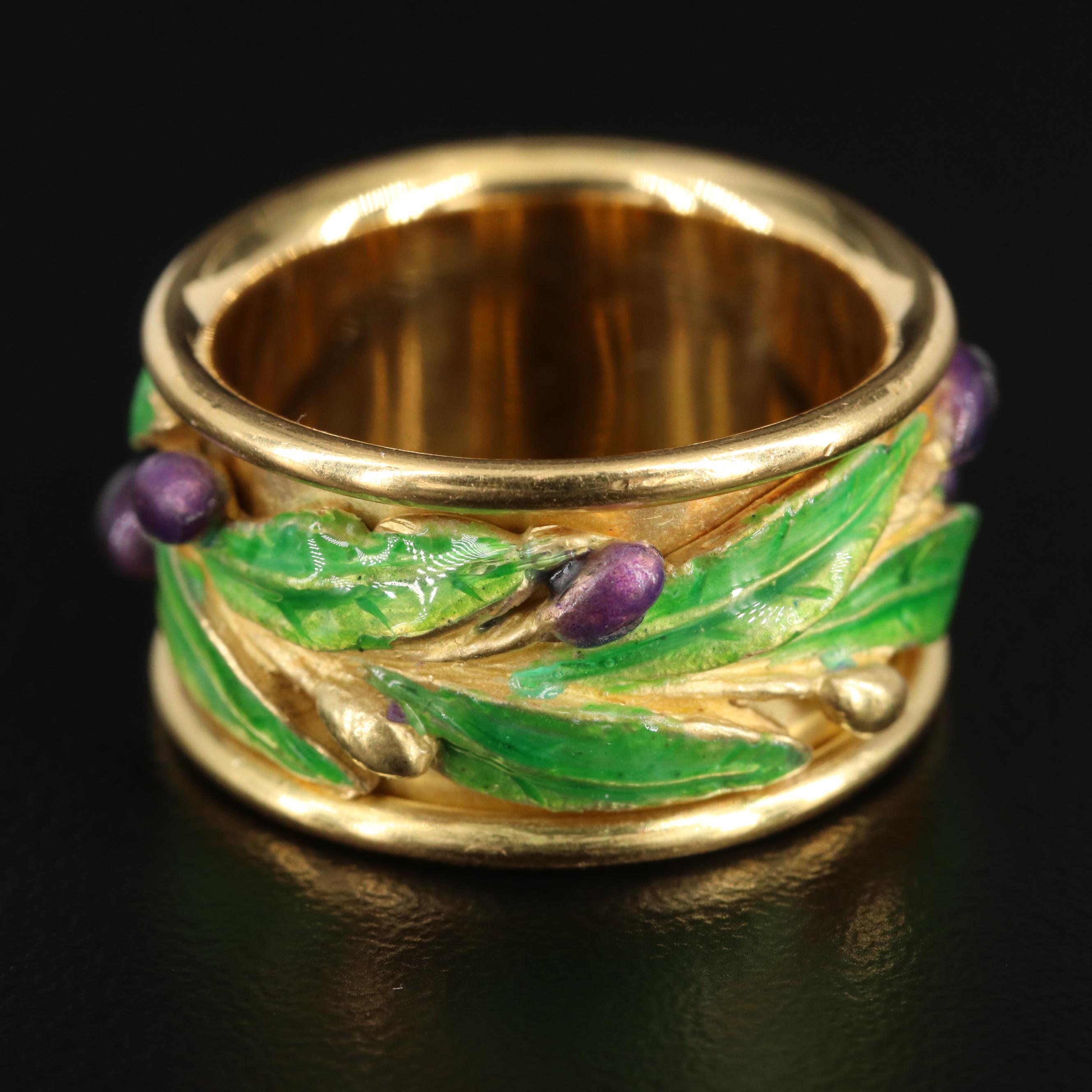 18K Yellow Gold Ring with Enameled Leaf and Bud Motif