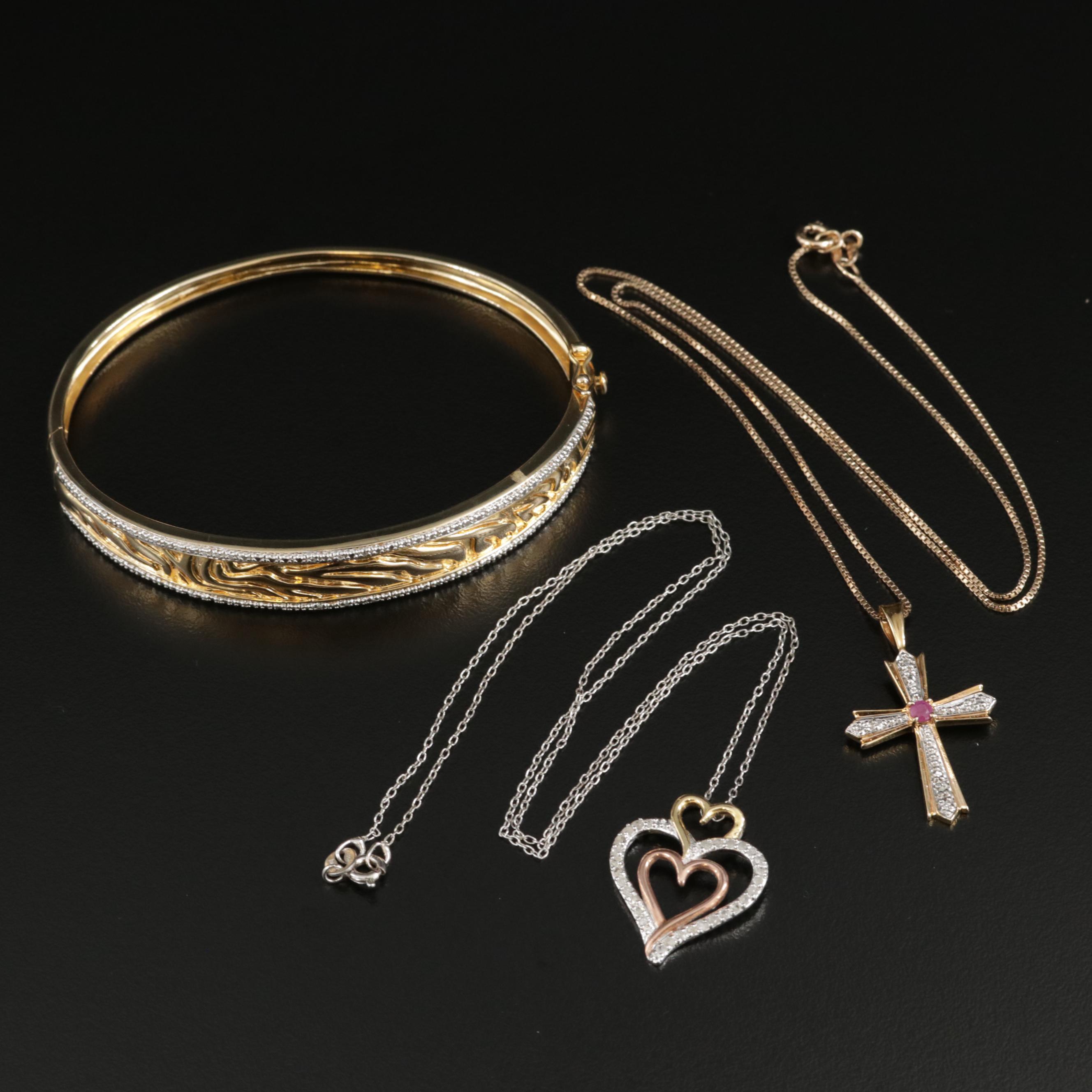 Sterling Silver Heart and Cross Pendant Necklaces and Hinged Bangle