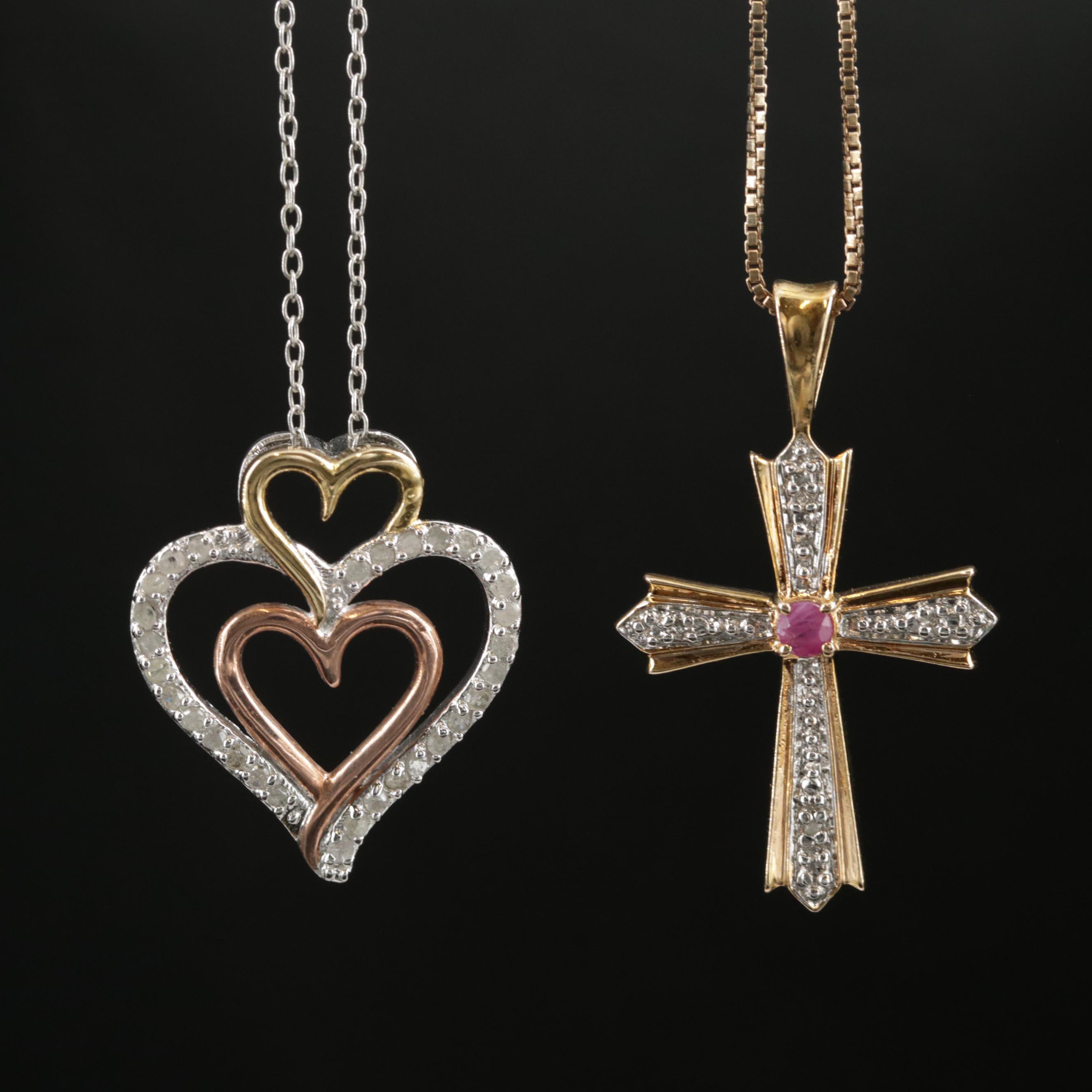 Sterling Silver Heart and Cross Pendant Necklaces and Hinged Bangle