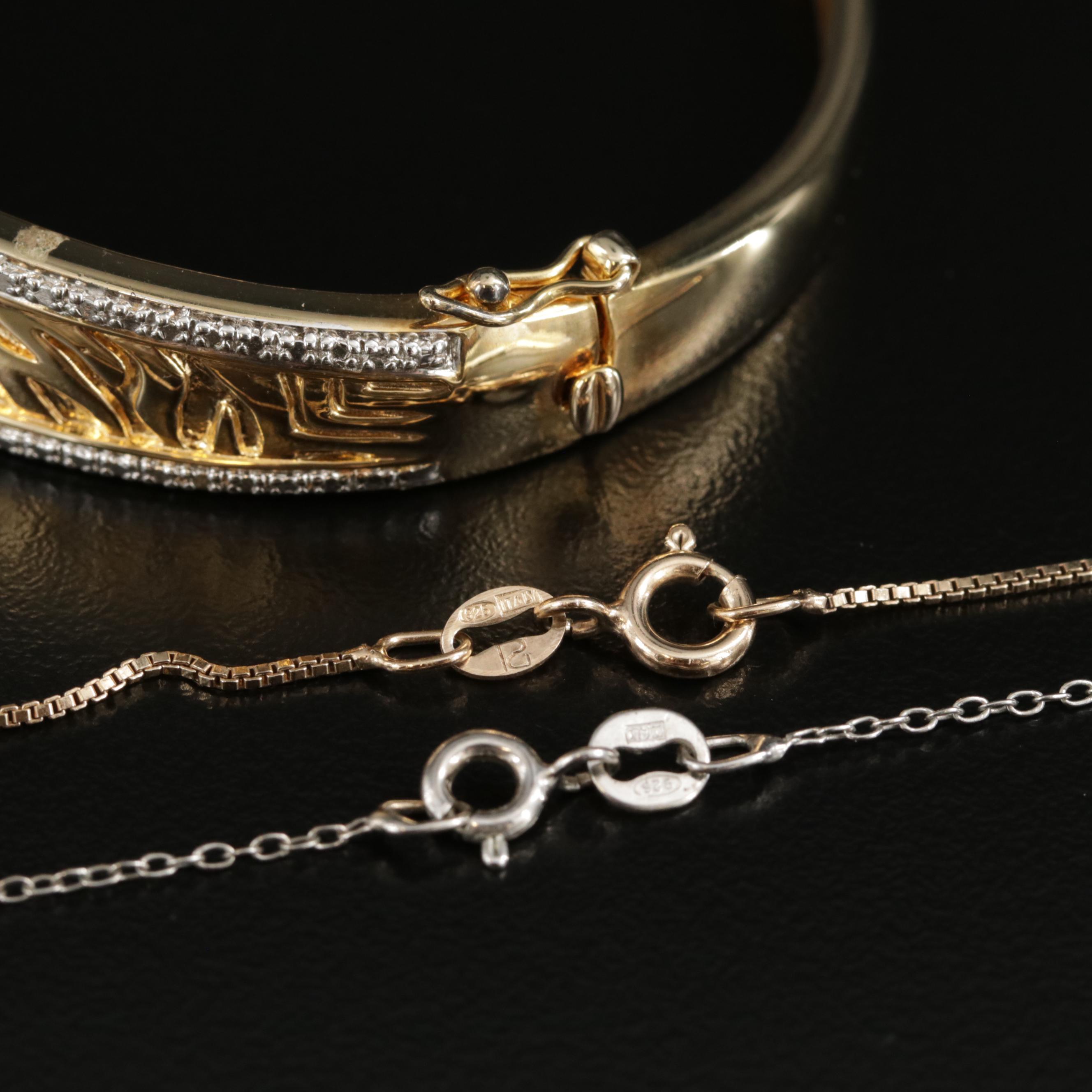 Sterling Silver Heart and Cross Pendant Necklaces and Hinged Bangle