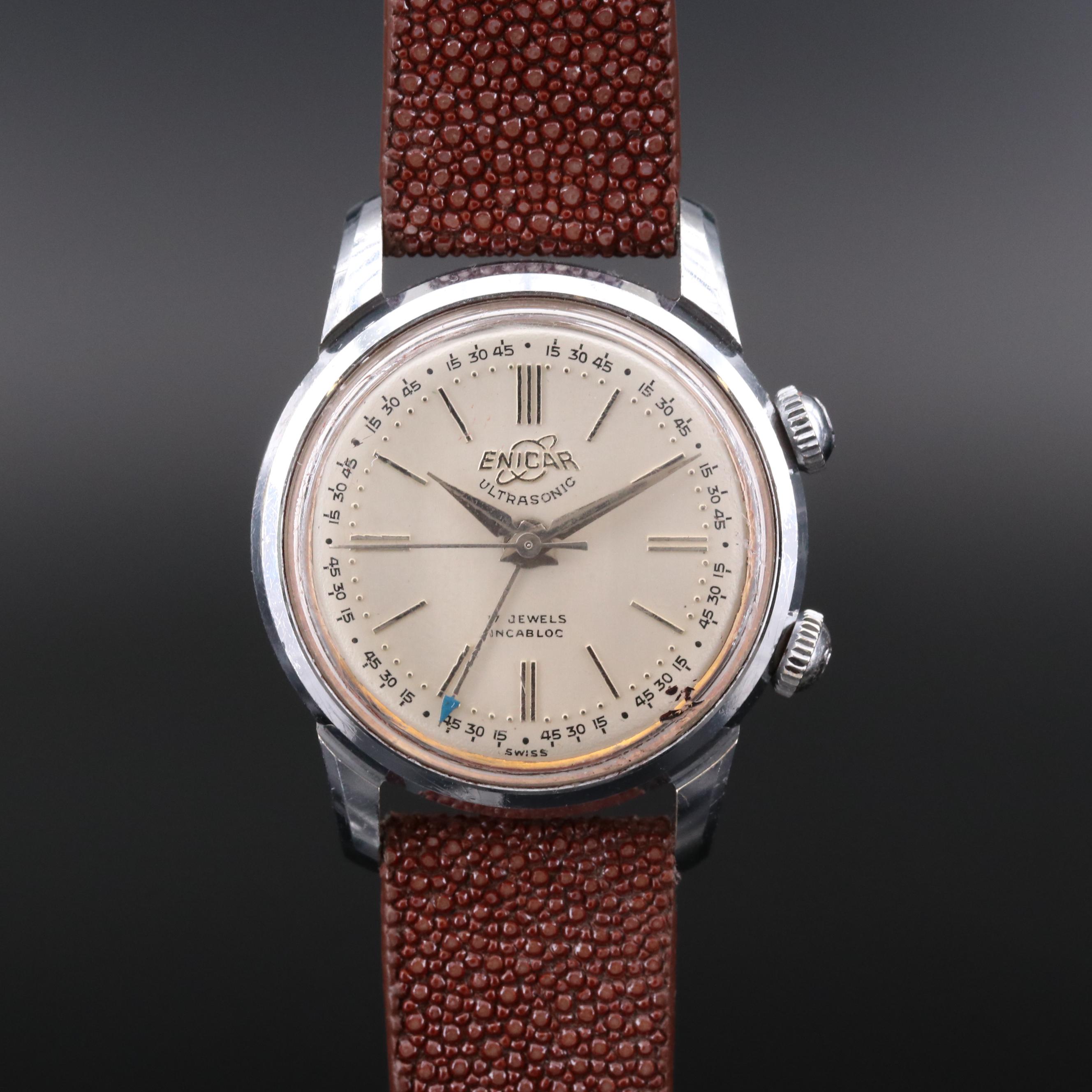 Vintage Enicar Ultrasonic Stainless Steel Stem Wind Alarm Watch