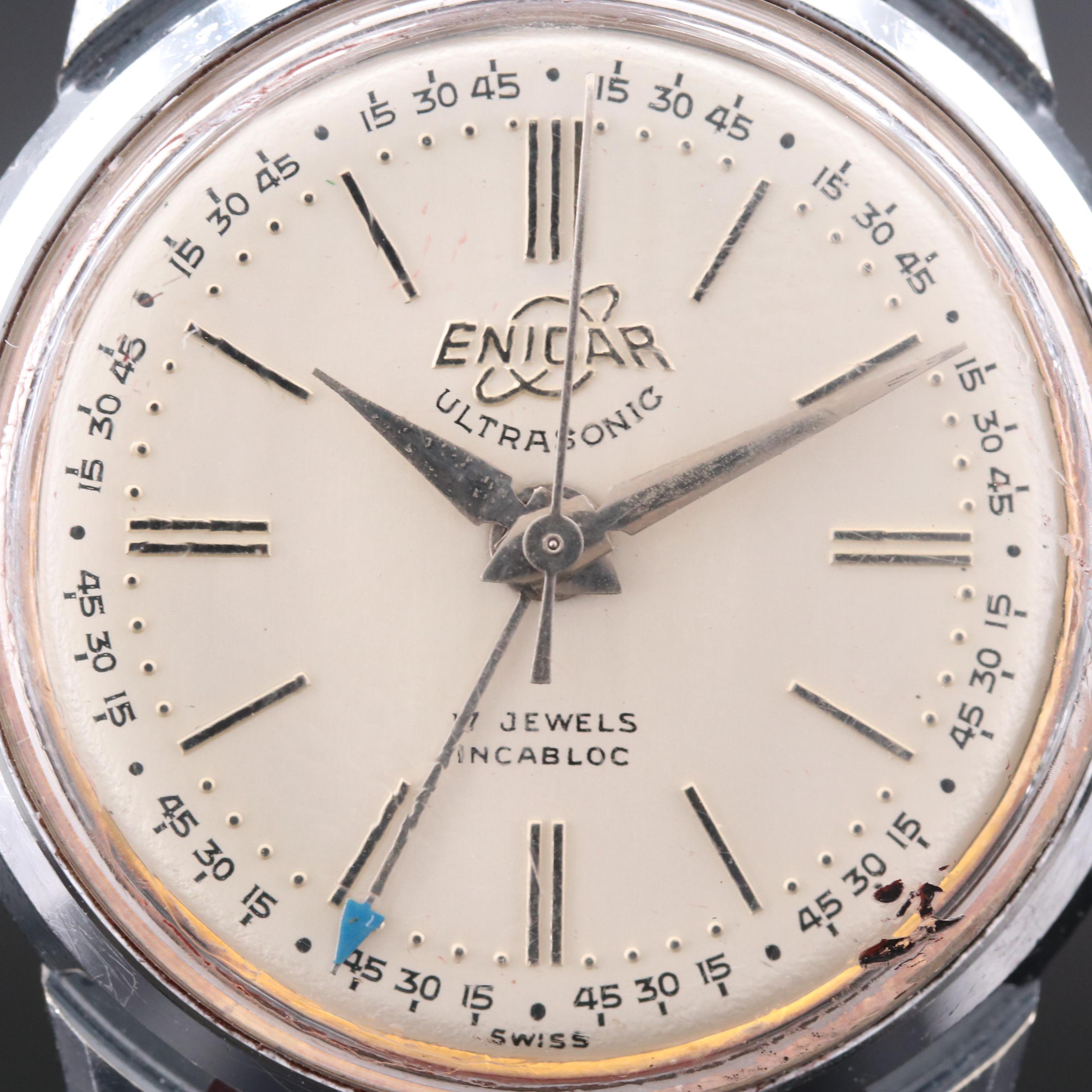 Vintage Enicar Ultrasonic Stainless Steel Stem Wind Alarm Watch
