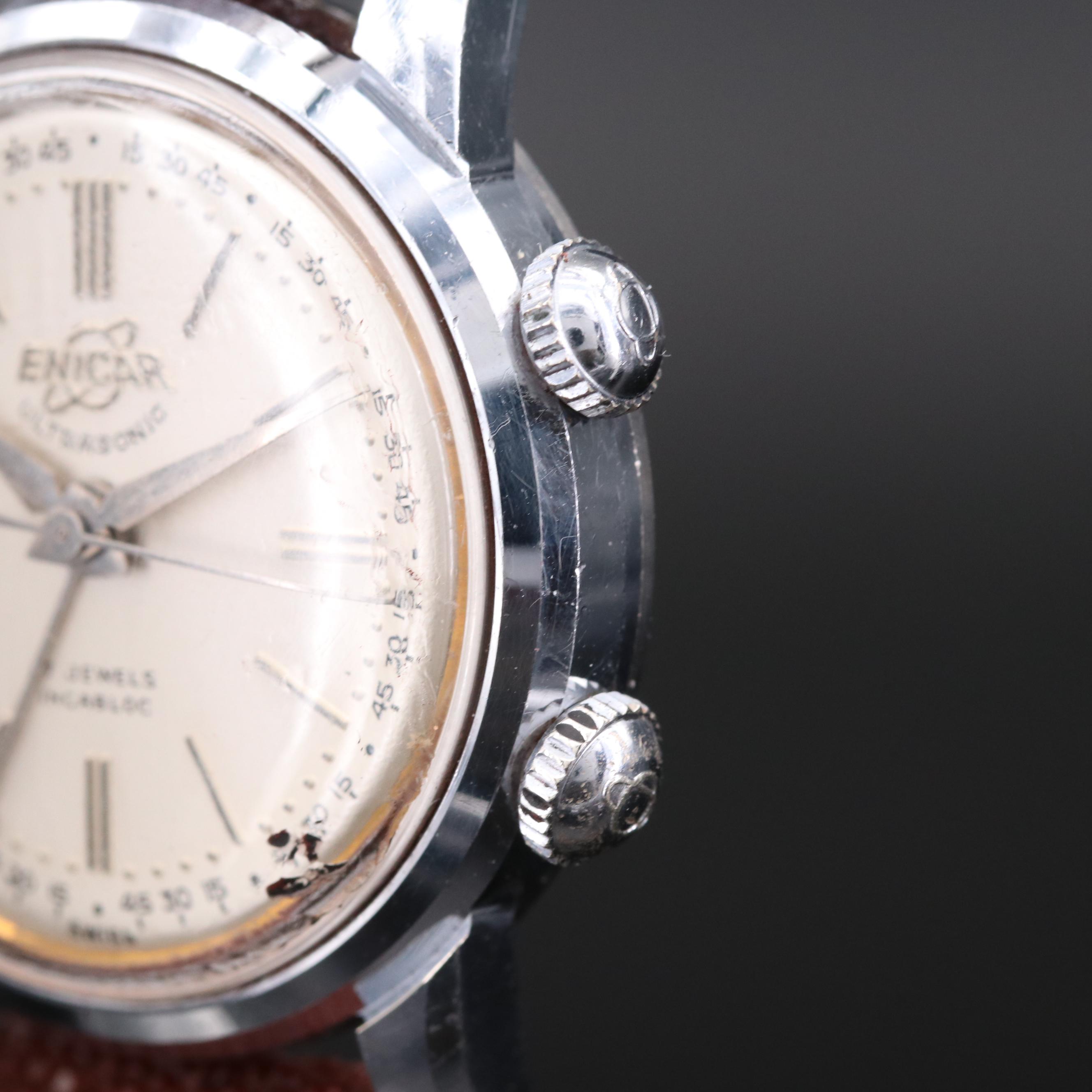Vintage Enicar Ultrasonic Stainless Steel Stem Wind Alarm Watch