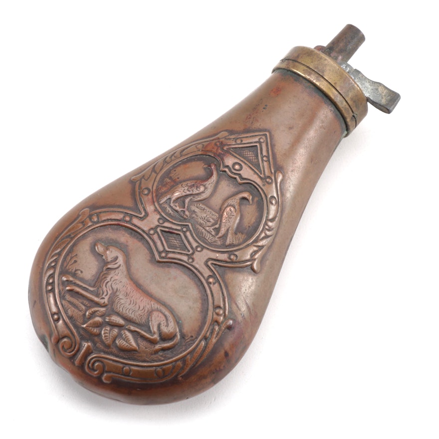 Copper and Brass Power Horn Flask with Embossed Hunting Scenes, 1850s-1870s