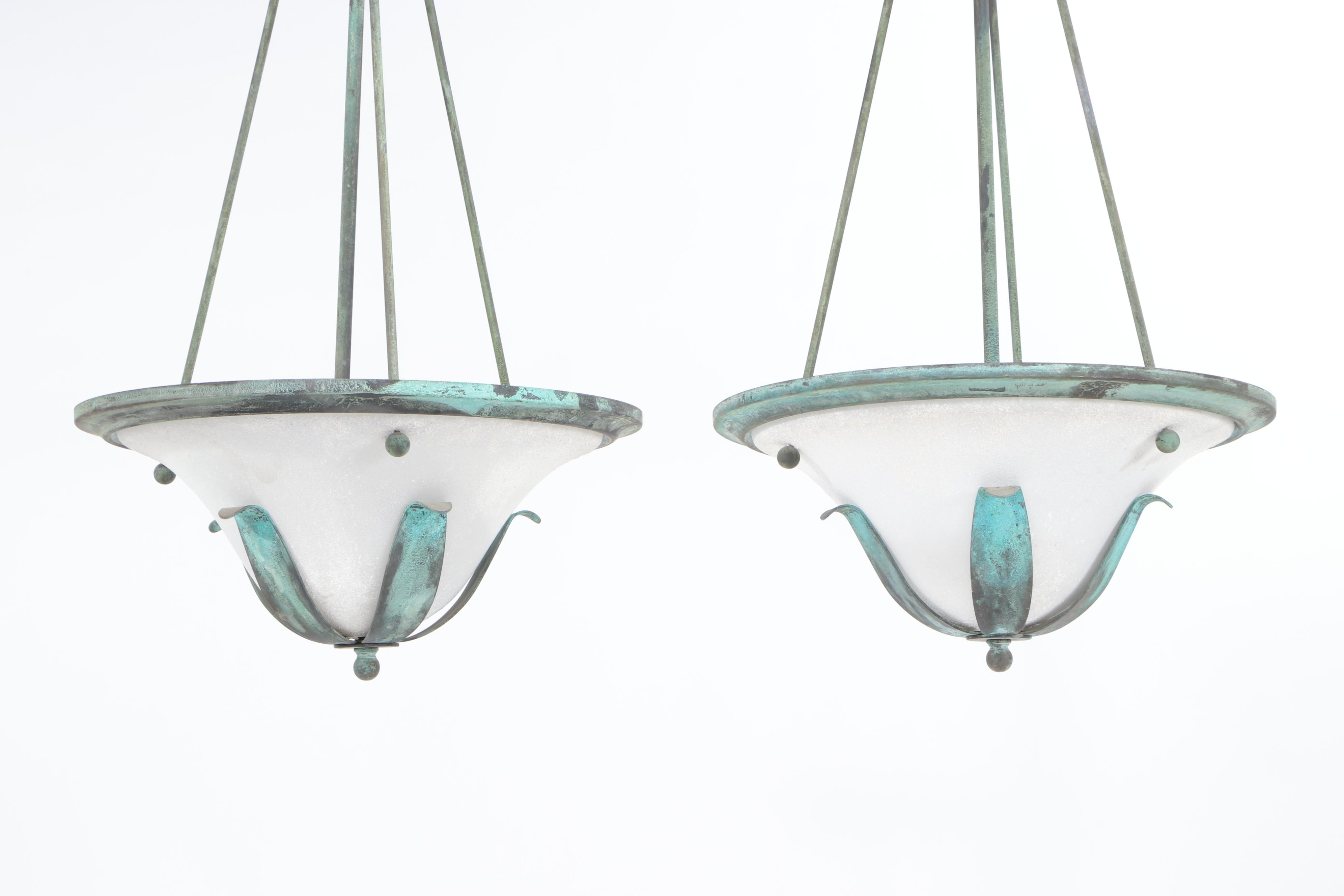 Patinated Brass and Frosted Glass Ceiling Light Fixtures