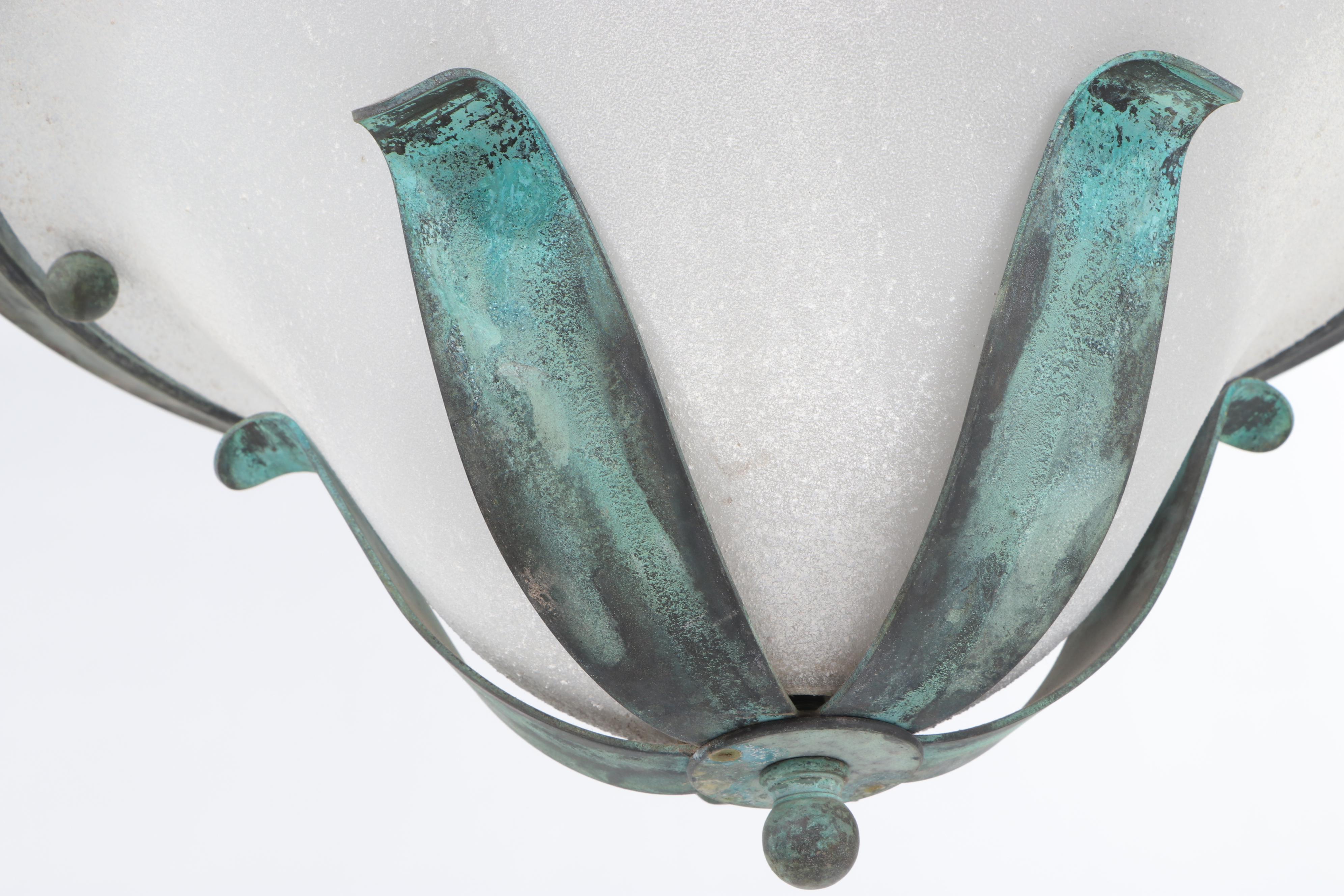 Patinated Brass and Frosted Glass Ceiling Light Fixtures