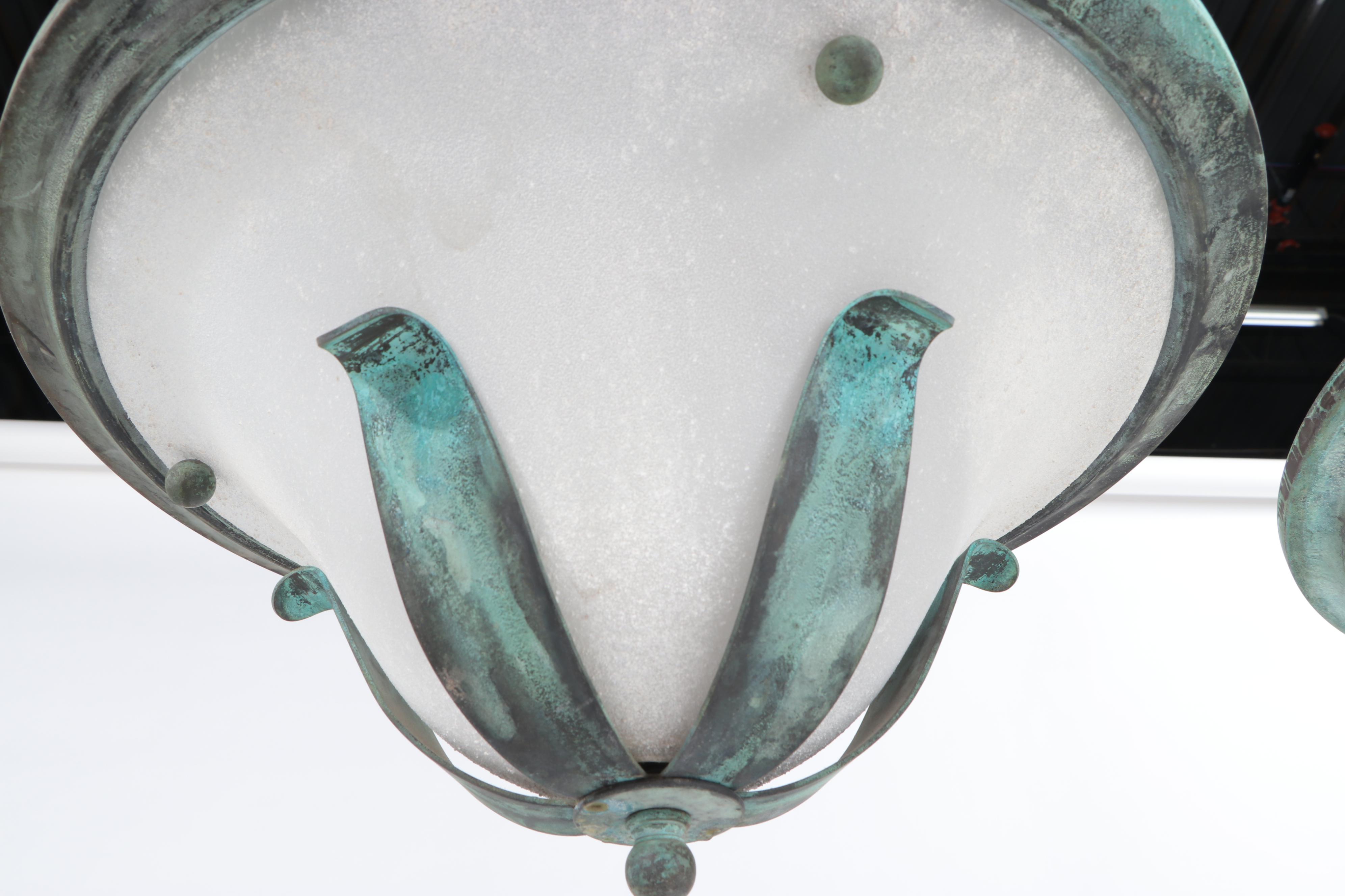 Patinated Brass and Frosted Glass Ceiling Light Fixtures