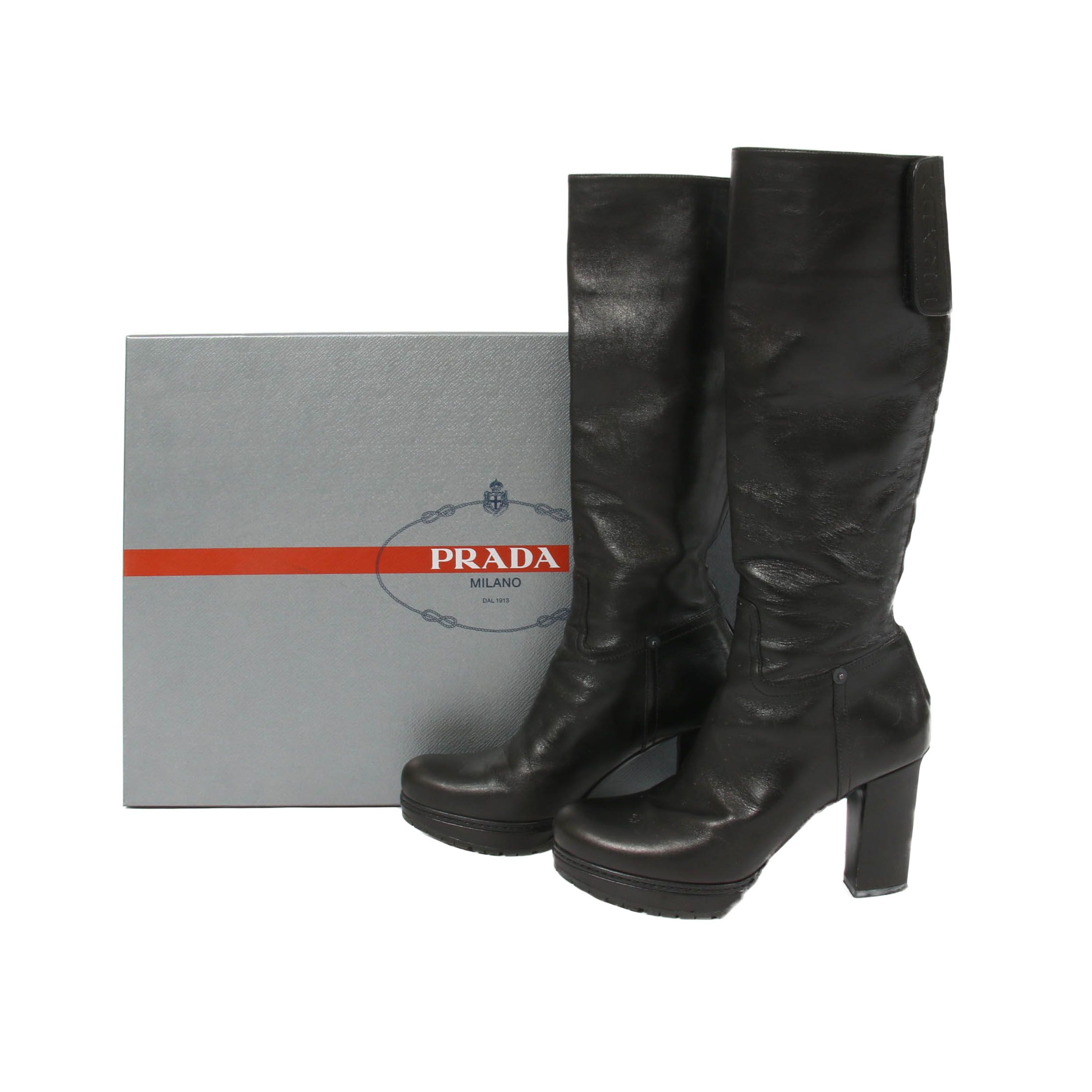 Prada Black Leather Platform Block Heel Boots