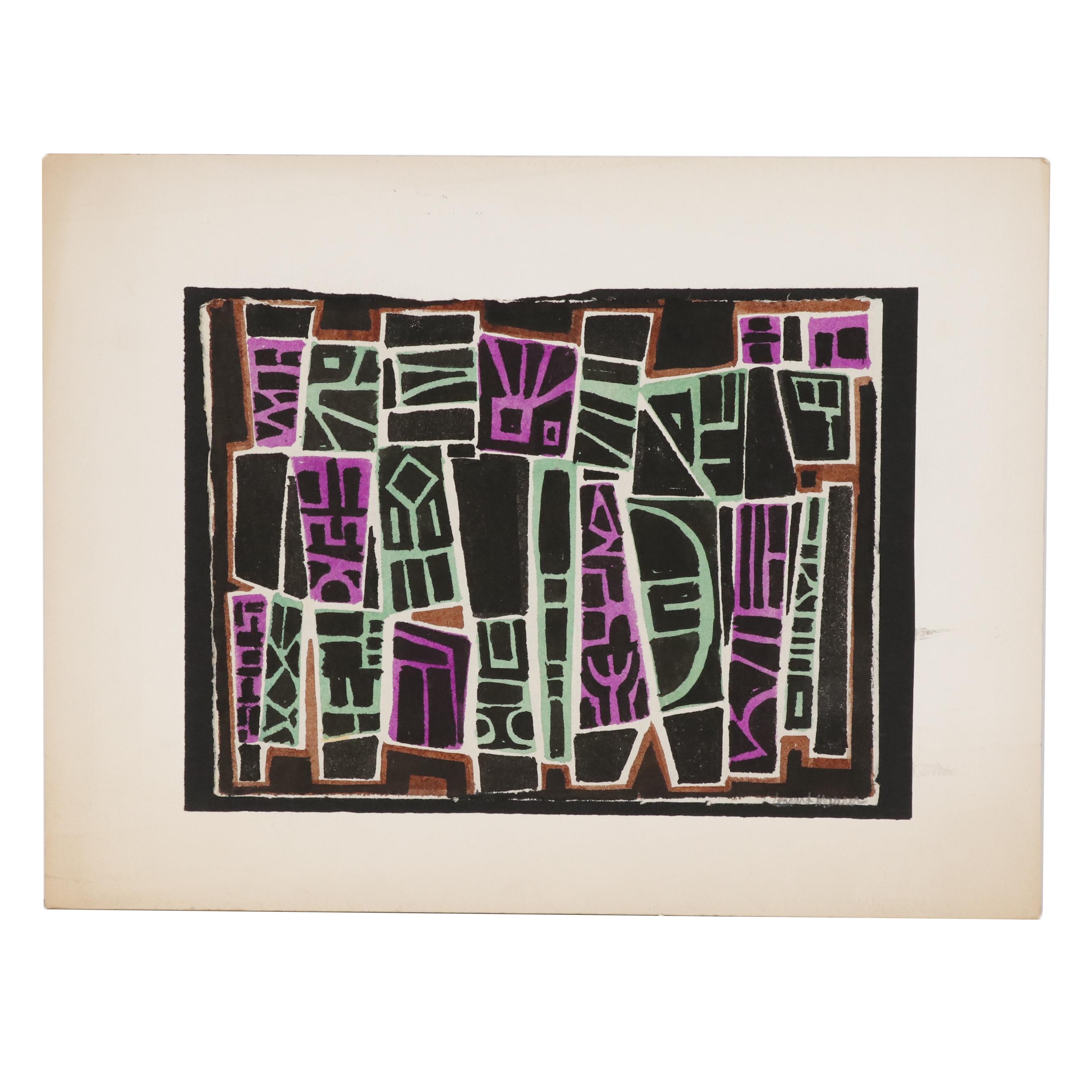 Leonard Maurer Abstract Woodblock, Mid 20th Century