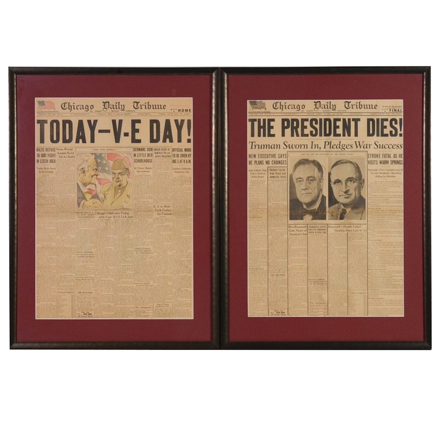 Chicago Daily Tribune 1940s Newspaper Clippings Featuring Roosevelt and V-E Day