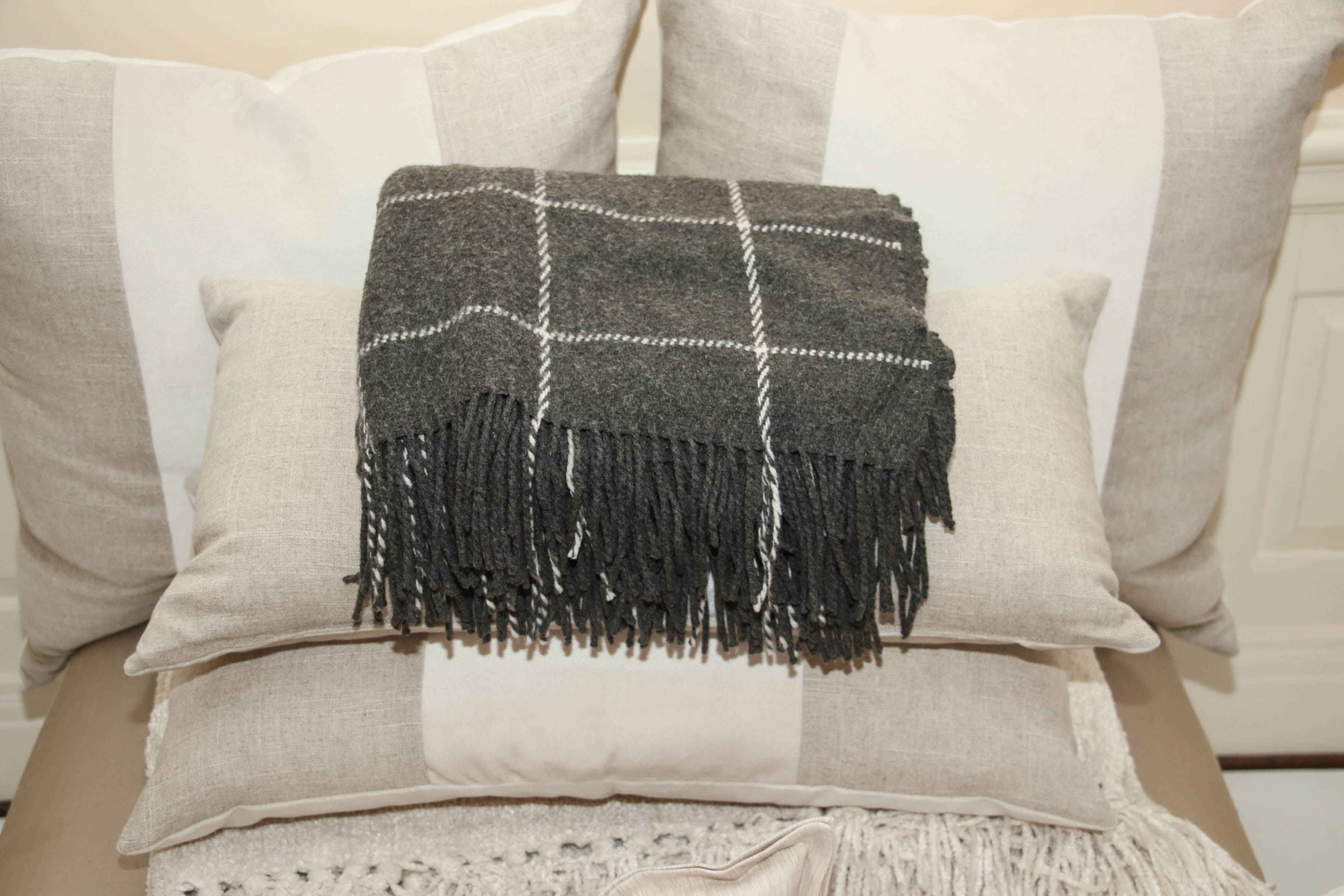 Tufted Upholstered Bench, Decorative Pillows and Throw Blankets