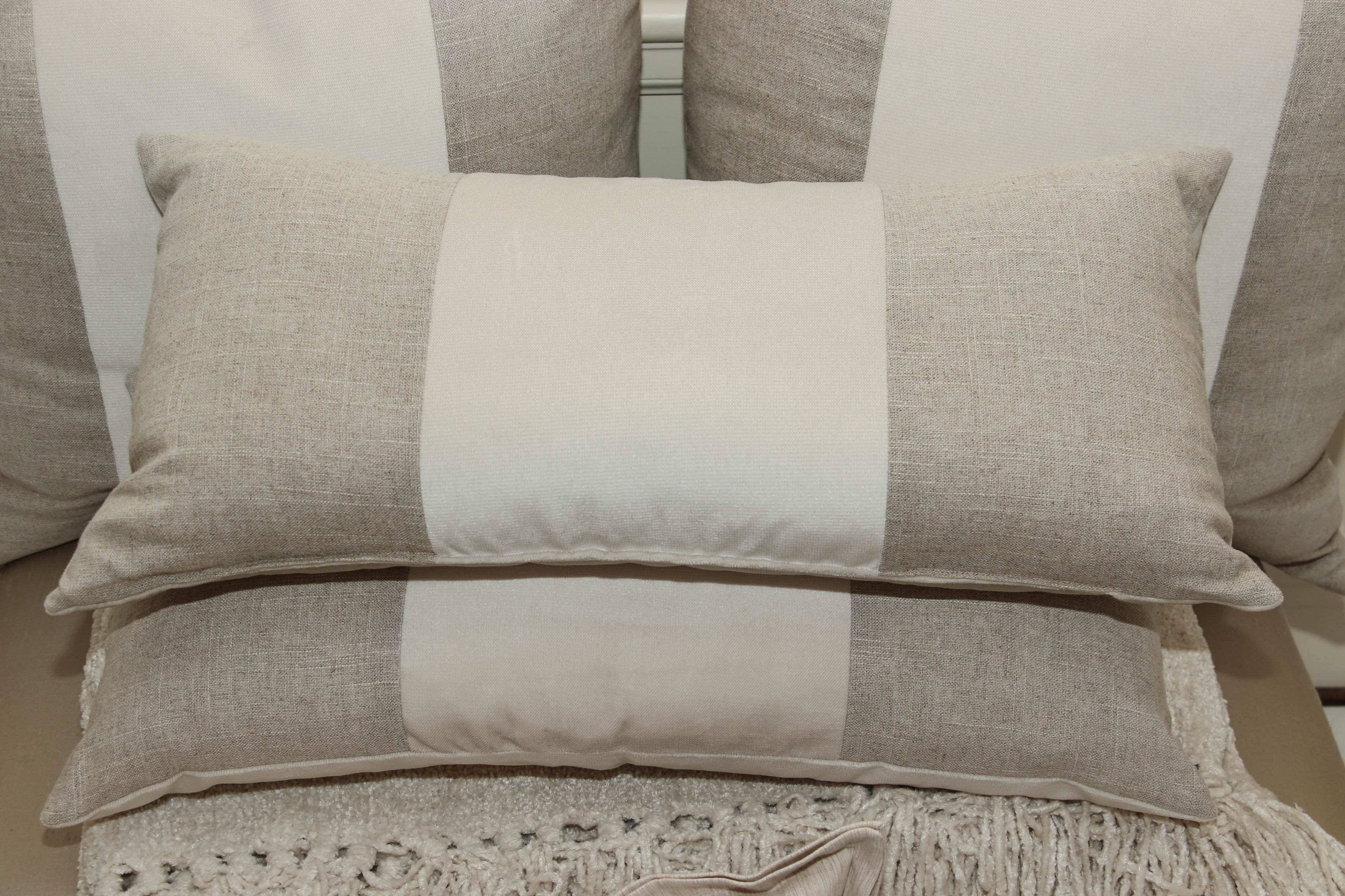 Tufted Upholstered Bench, Decorative Pillows and Throw Blankets