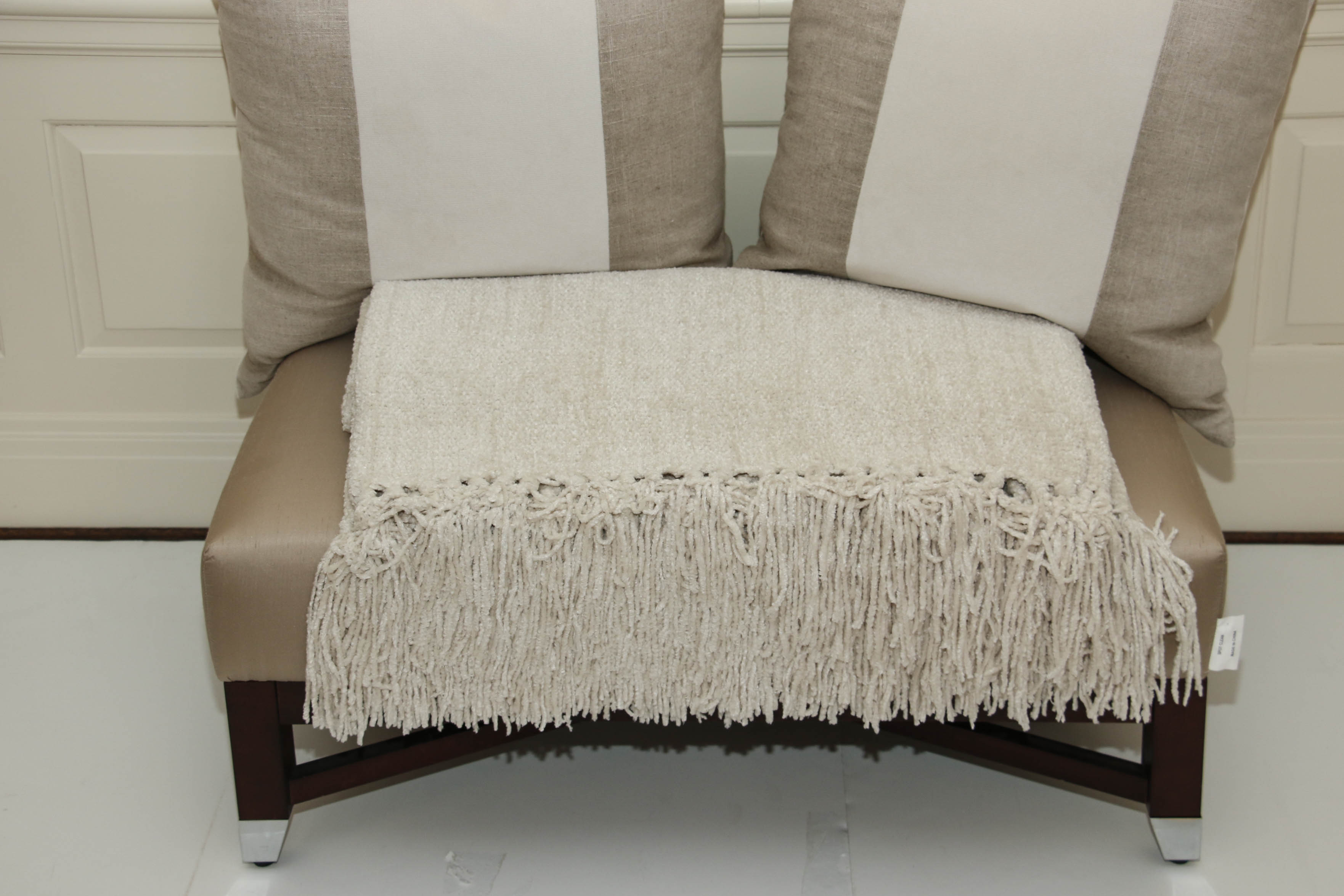 Tufted Upholstered Bench, Decorative Pillows and Throw Blankets