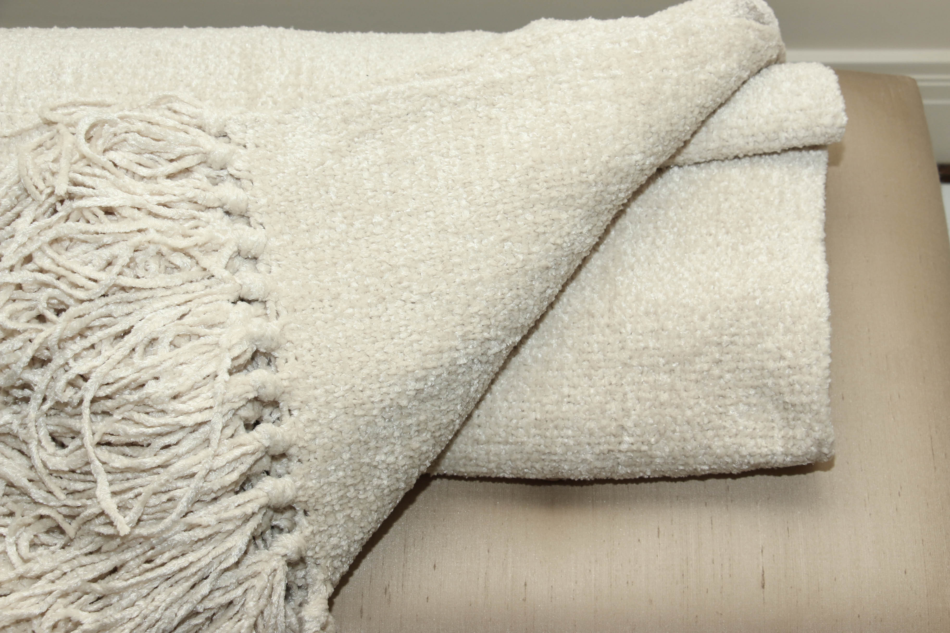 Tufted Upholstered Bench, Decorative Pillows and Throw Blankets