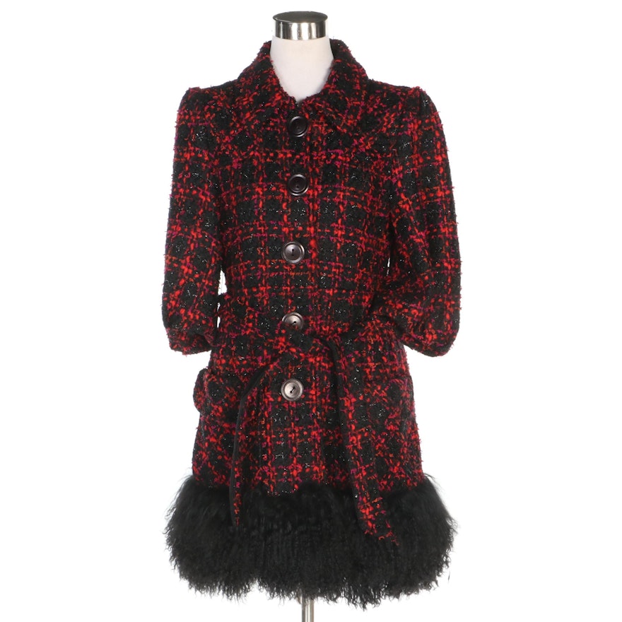 Nanette Lepore for Bergdorf Goodman Plaid Coat with Mongolian Lamb Fur Hemline