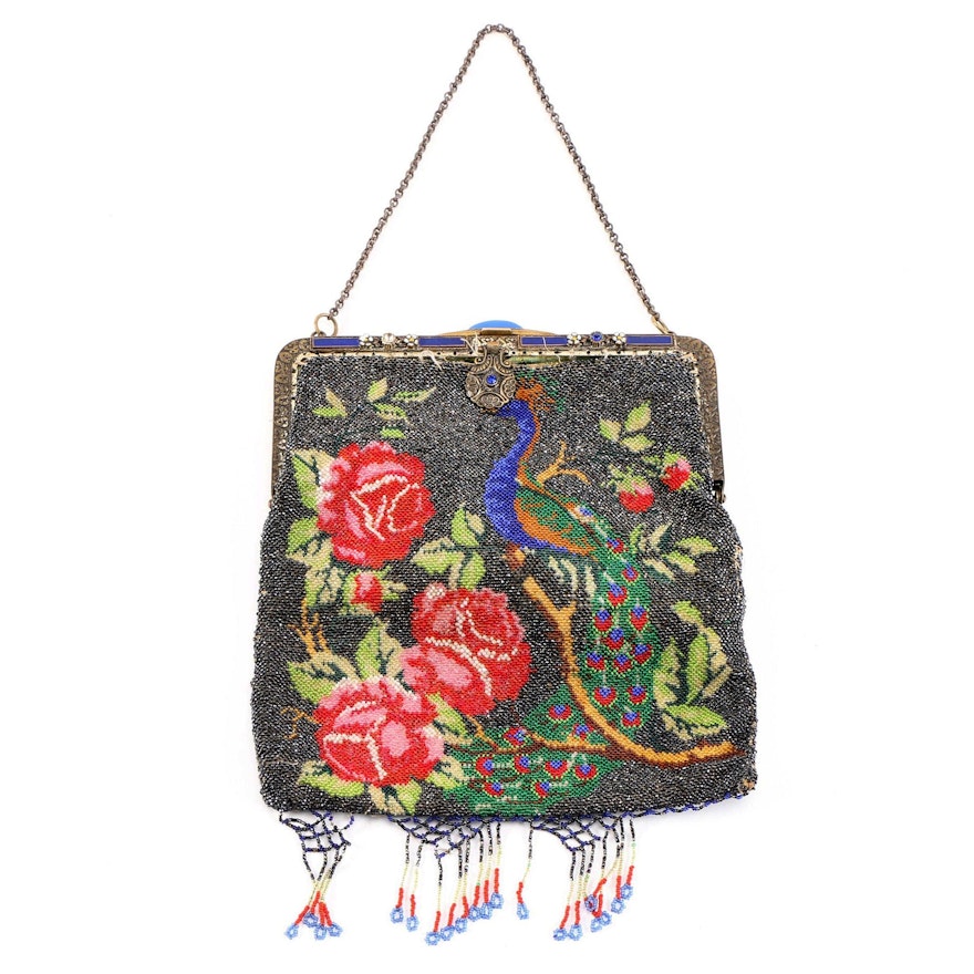 Peacock and Floral Motif Glass Hand Beaded Evening Bag, Antique