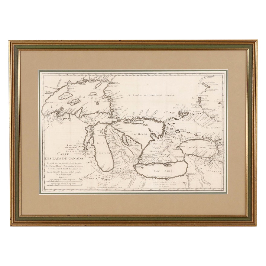 Engraving Map after Jacques Nicolas Bellin "Carte des lacs du Canada"