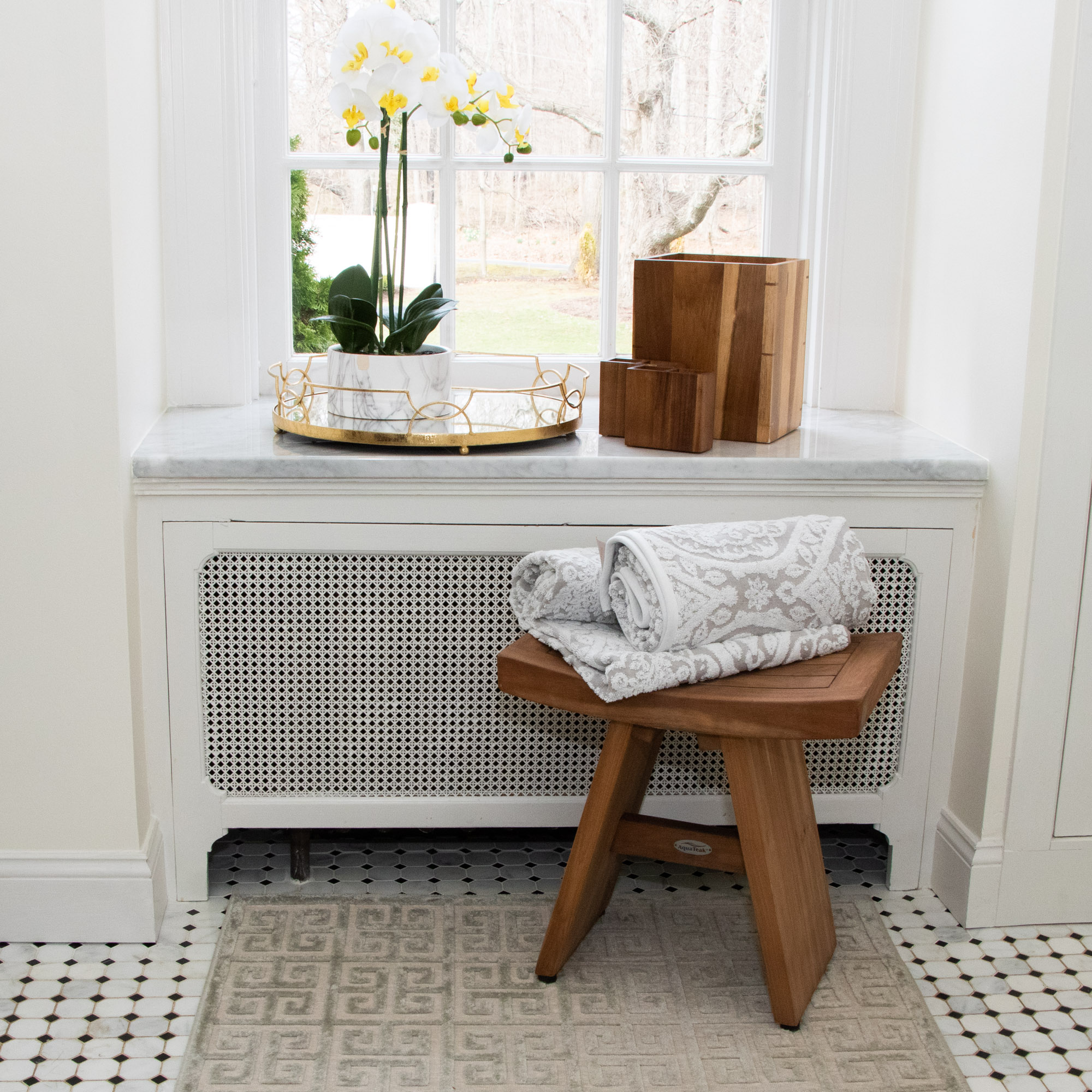 Teak Bath Accessories, Accent Rug and Faux Potted Orchid