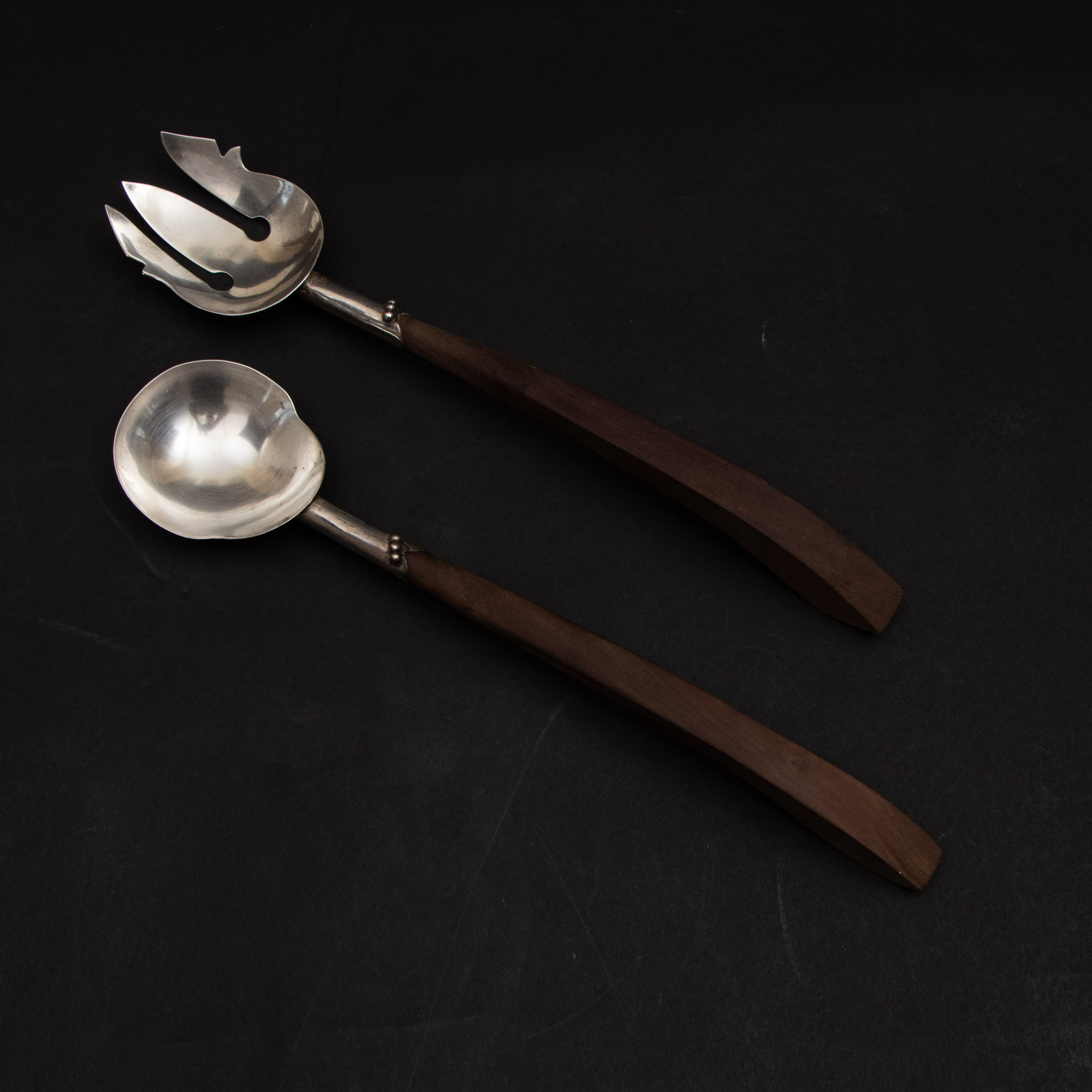 Mexican Modern Sterling and Wood Salad Serving Set, Mid-Century