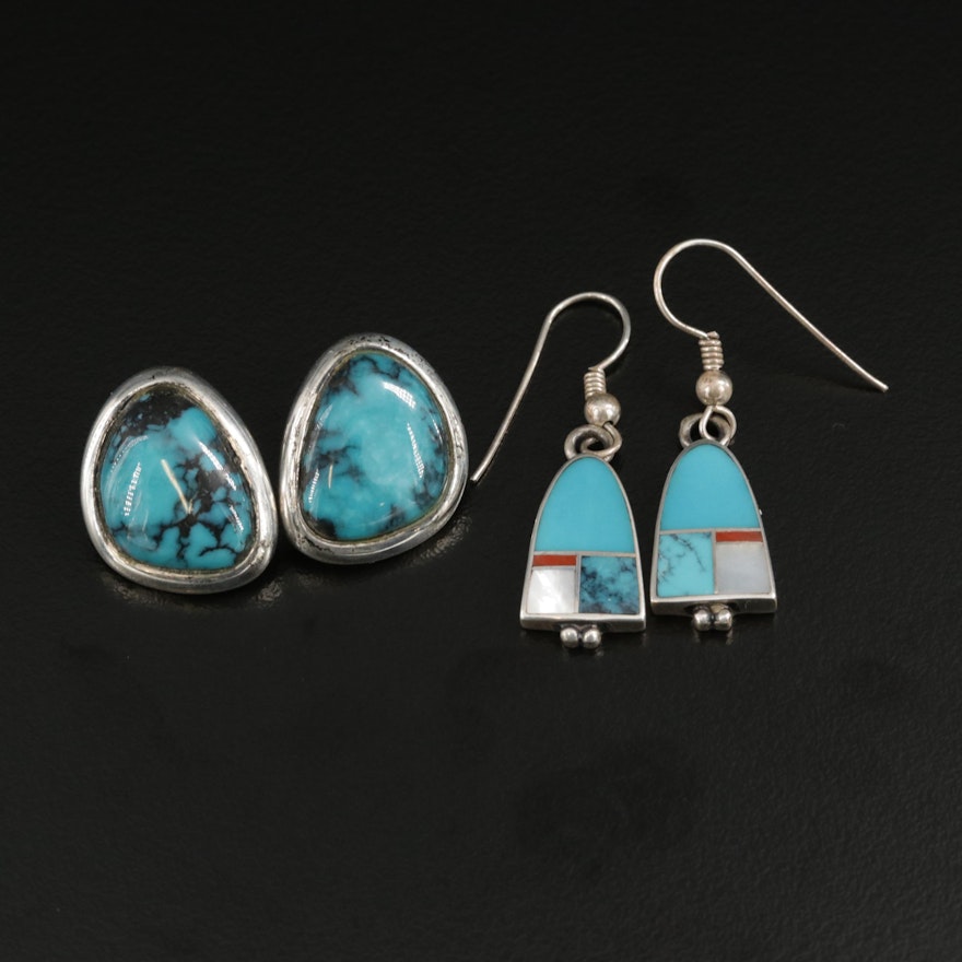 Southwestern Sterling Silver Turquoise, Mother of Pearl and Coral Earrings