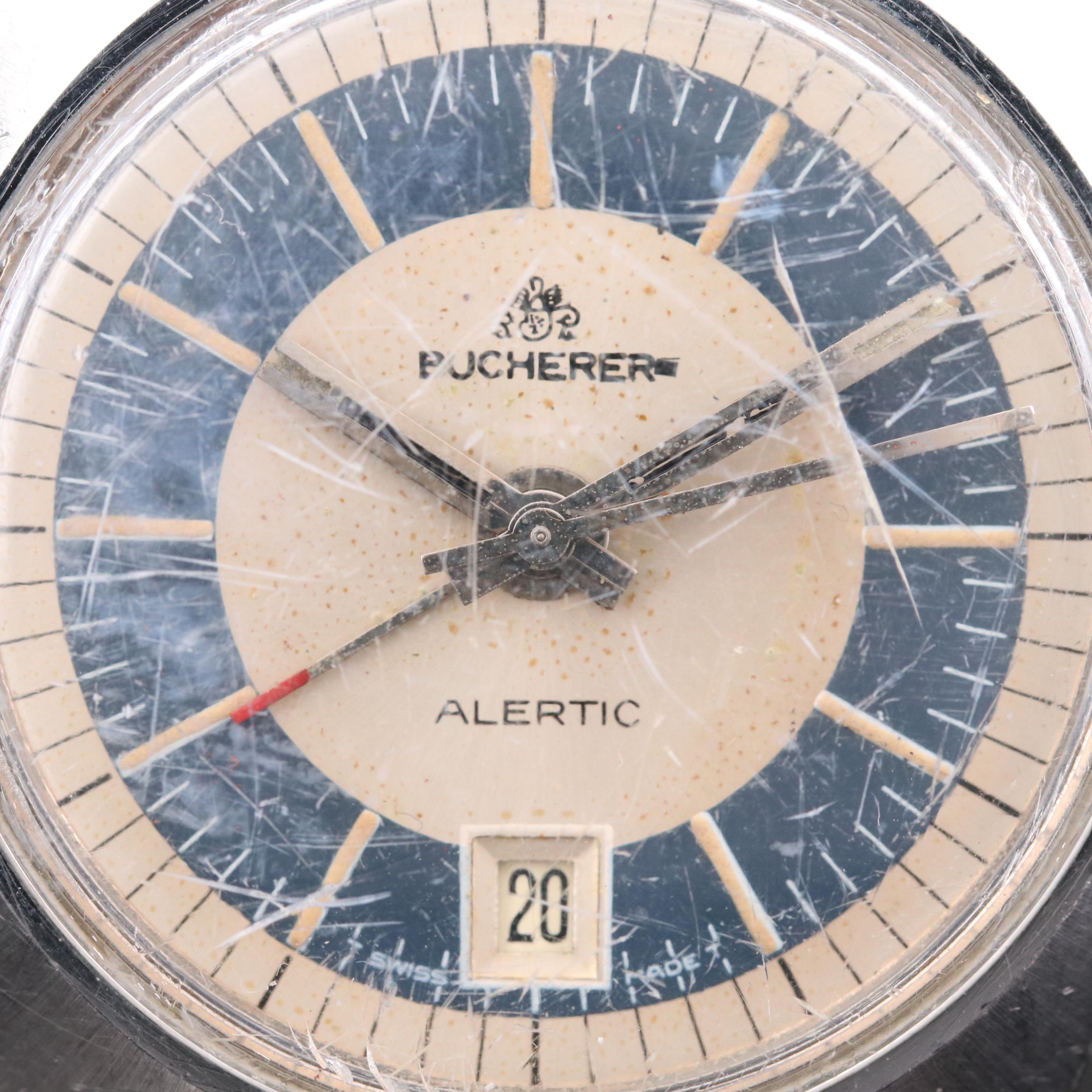 Vintage Bucherer Alertic Stainless Steel Stem Wind Watch With Alarm