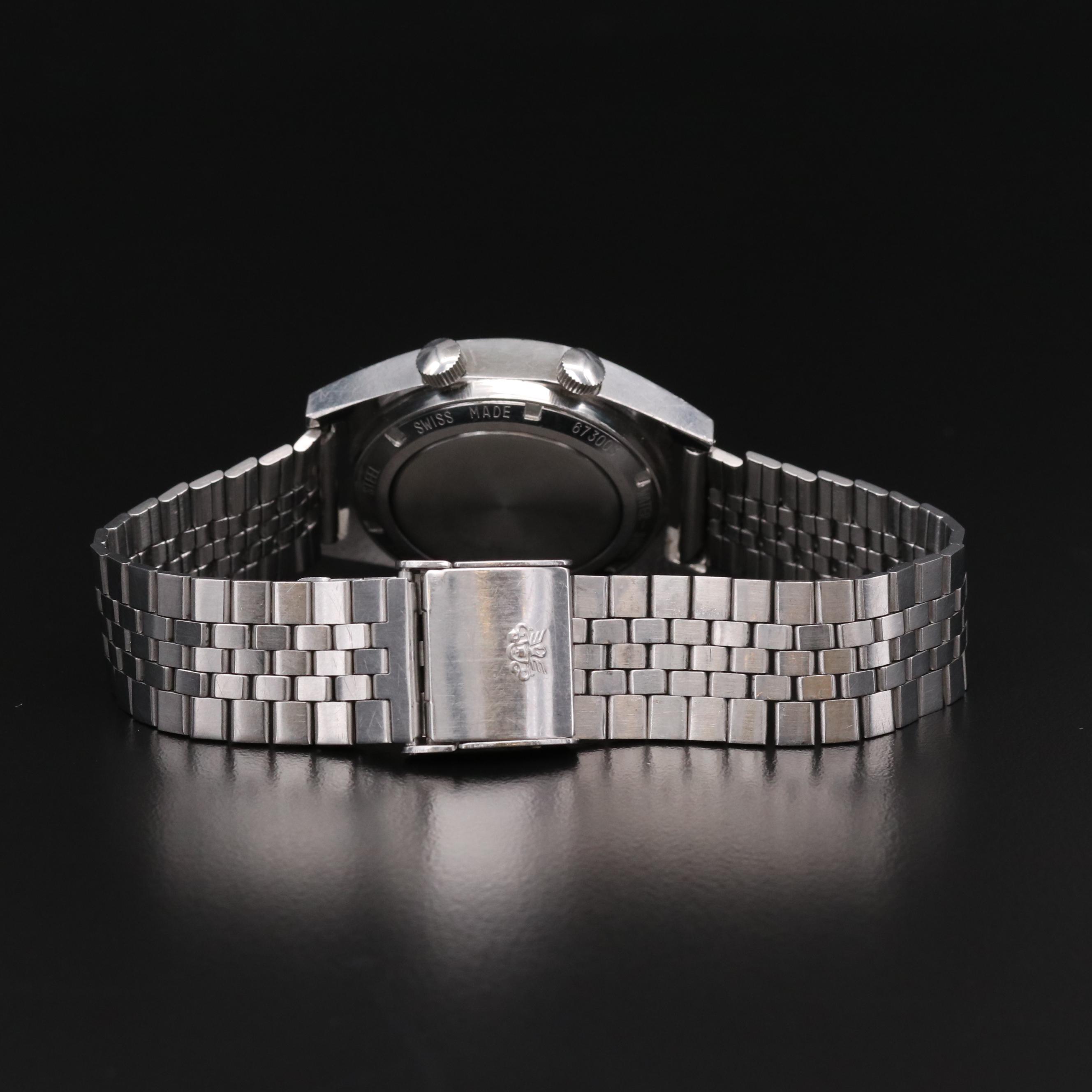 Vintage Bucherer Alertic Stainless Steel Stem Wind Watch With Alarm