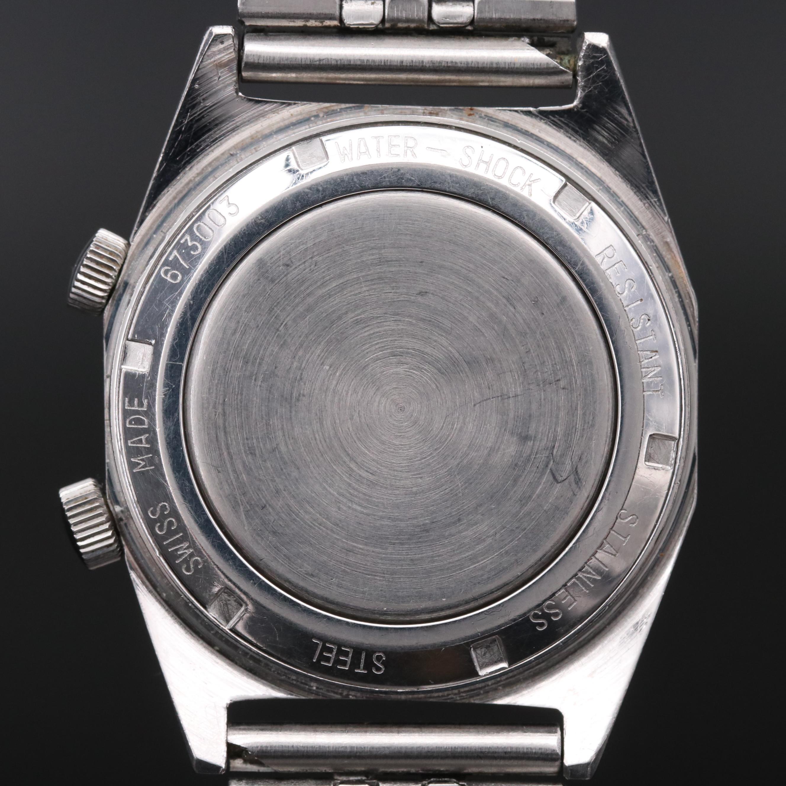 Vintage Bucherer Alertic Stainless Steel Stem Wind Watch With Alarm