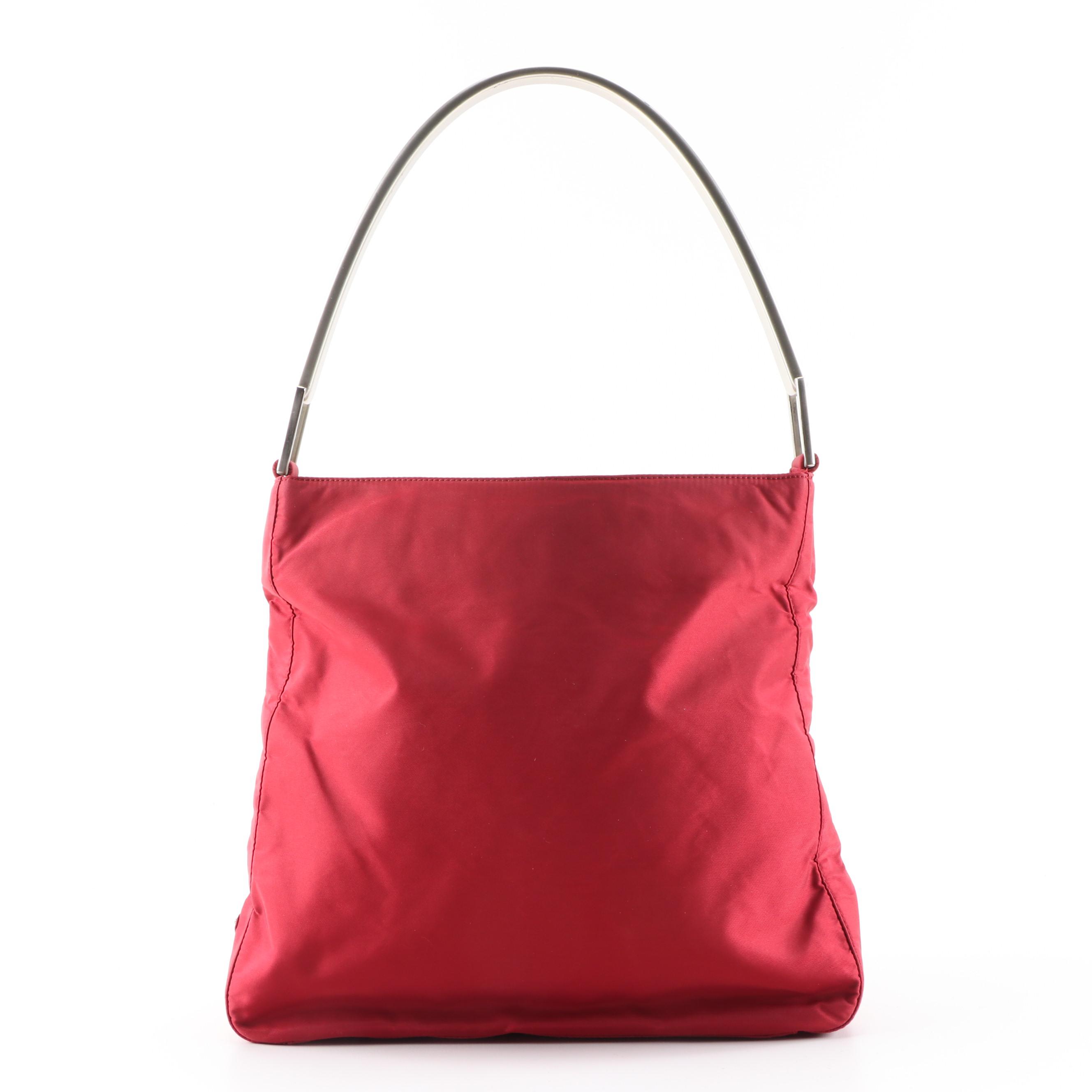 Prada Red Tessuto Nylon Handbag with Arched Metal Handle