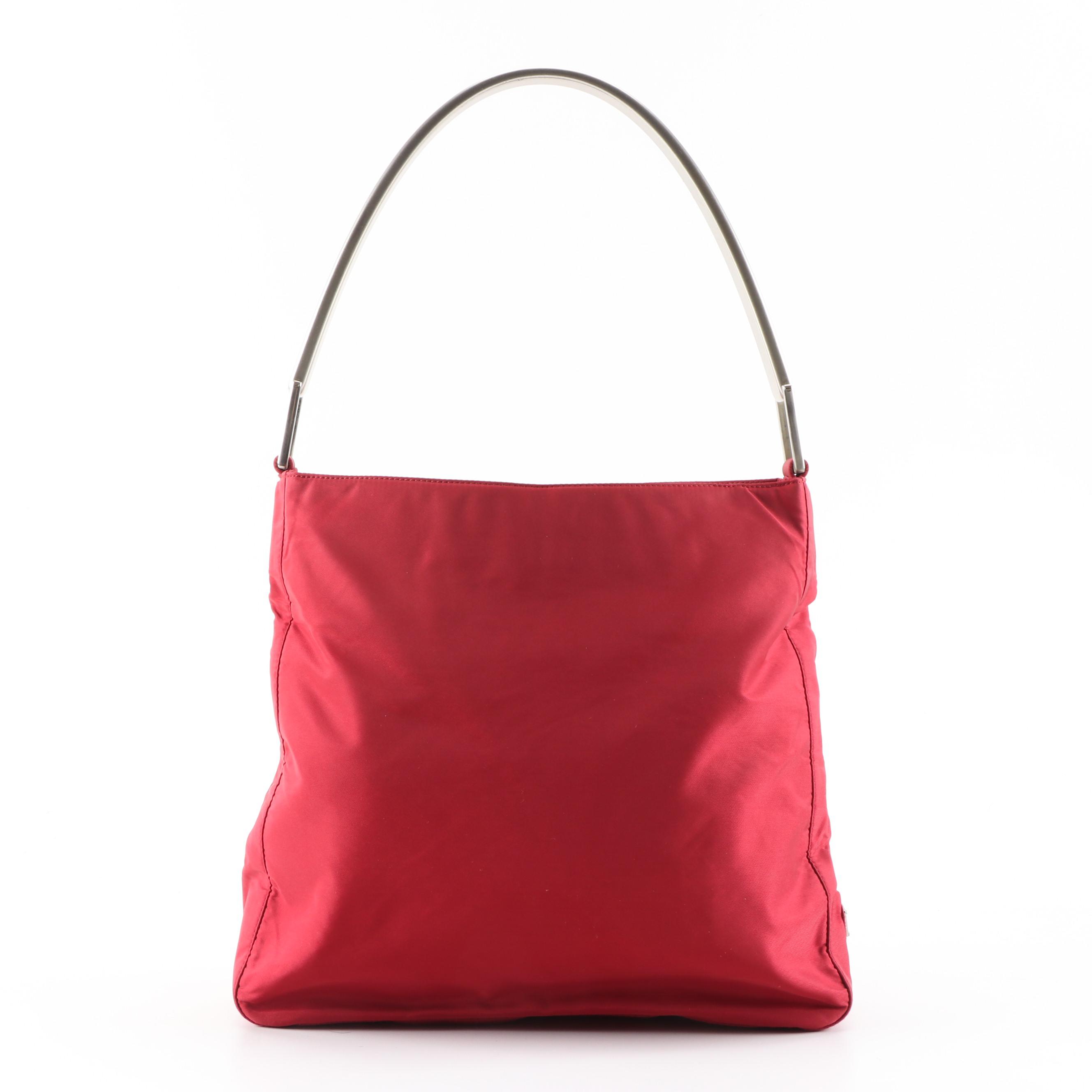 Prada Red Tessuto Nylon Handbag with Arched Metal Handle