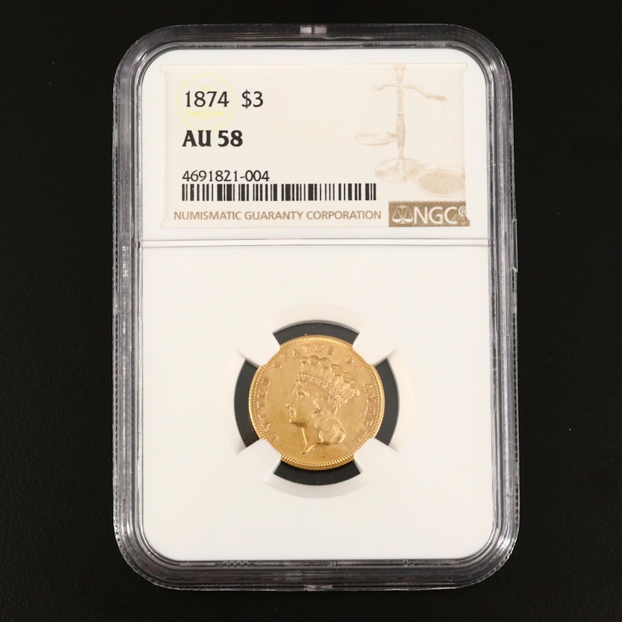 NGC Graded AU58 1874 Indian Princess Head $3 Gold Coin