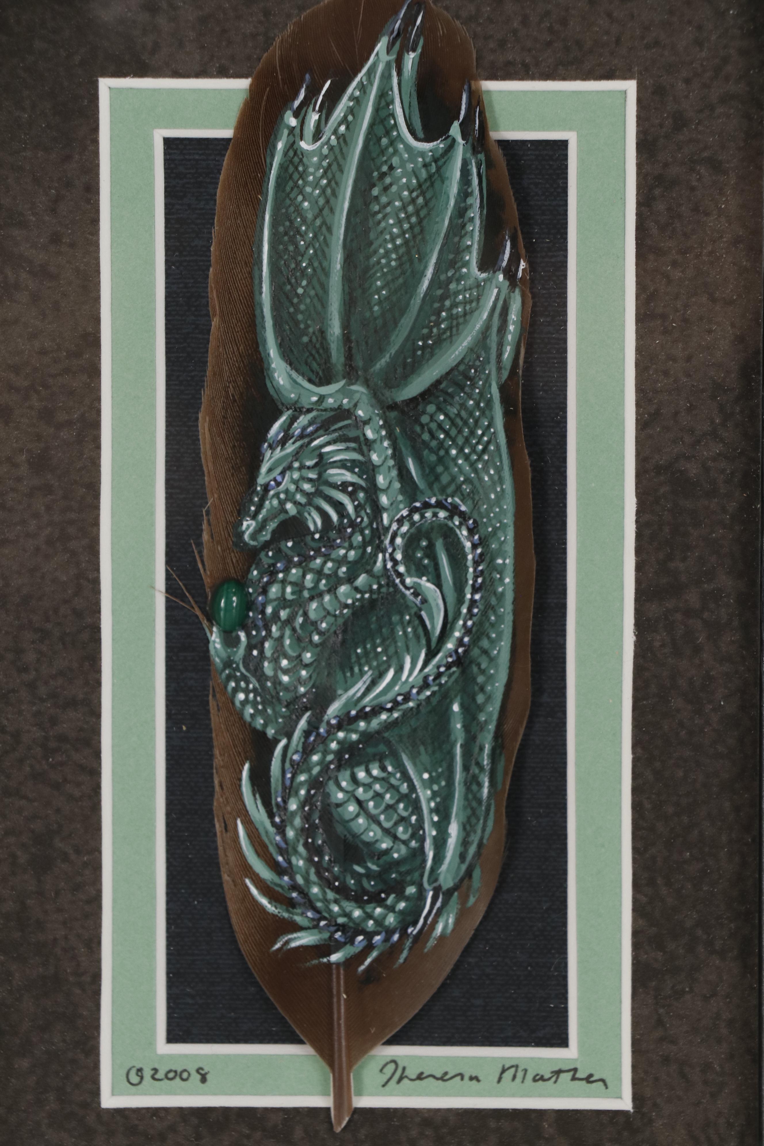 Theresa Mather Acrylic Painting on Feather "Malachite Dragon"
