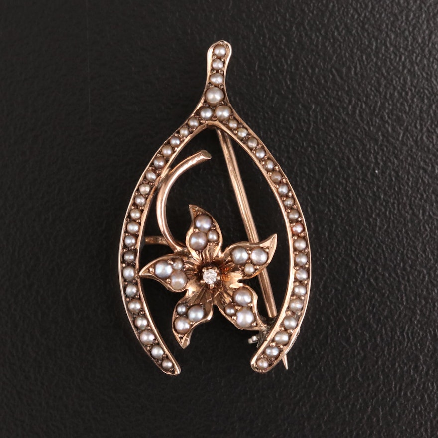 Art Nouveau 10K Gold Diamond and Pearl Wishbone Brooch