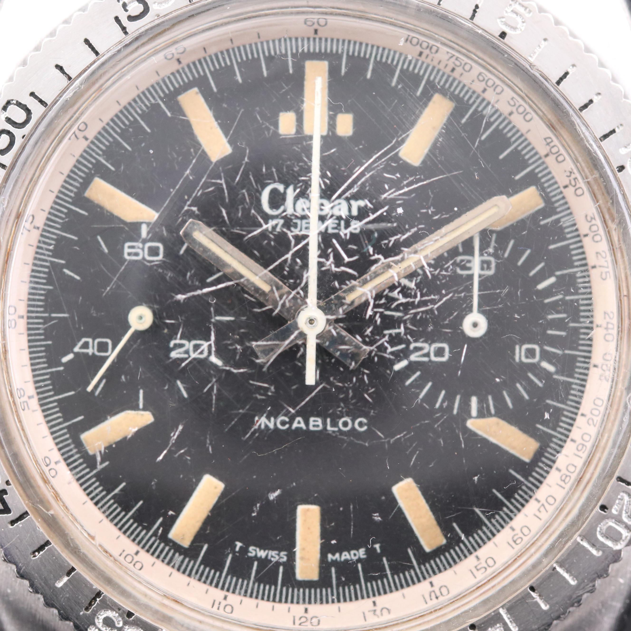 Vintage Clebar Military Chronograph Stainless Steel Stem Wind Watch