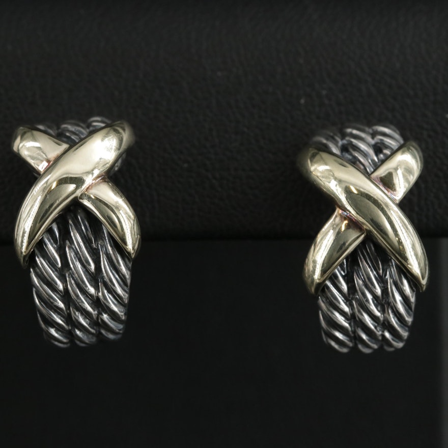 David Yurman "X Collection" Sterling Cable Earrings with 14K Yellow Gold Accents