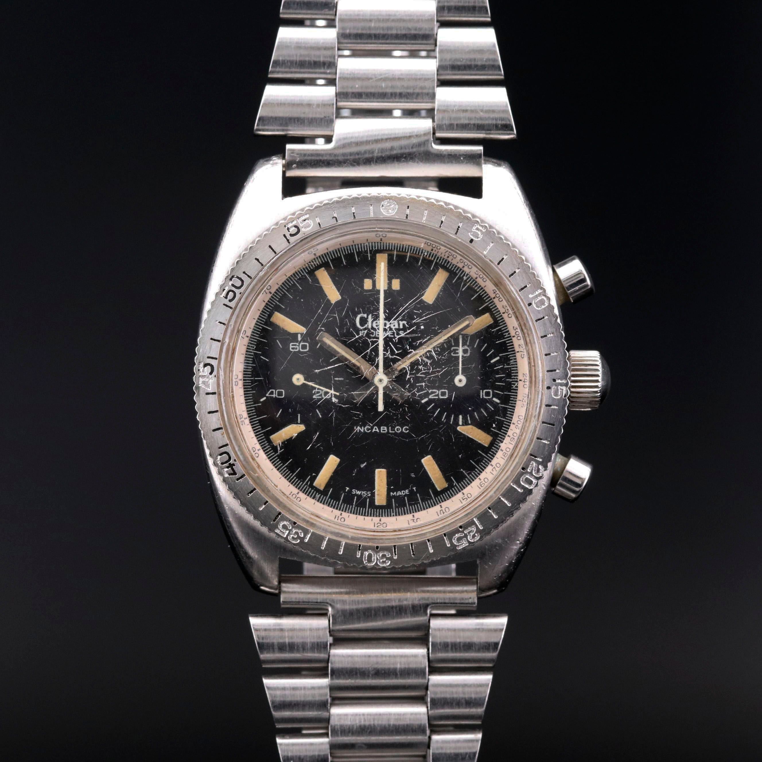 Vintage Clebar Military Chronograph Stainless Steel Stem Wind Watch